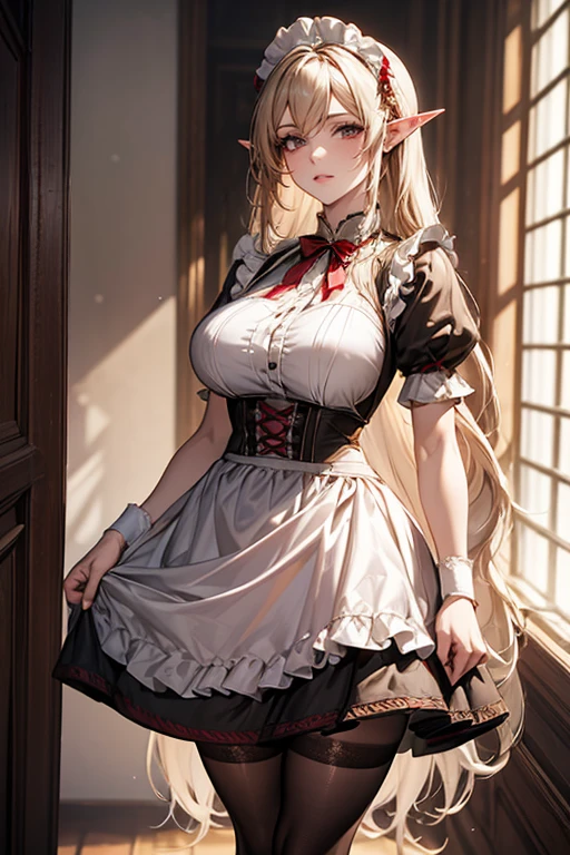 ((best quality)), ((Masterpiece)), (details:1.4), ((Enrich the picture，Masterpiece level quality)), Beautiful 8K CG artwork, 3d, HDR (high dynamic range), ne female adult elf with demon horns and dark blonde long hair and visible forehead wearing a beautiful maid dress with red ribbons, maid attire, maid dress, full body, adult face, forehead, beautiful maid dress, detailed maid dress with red ribbons, ort puffy ****ta dress, standing, sexy, seethrough