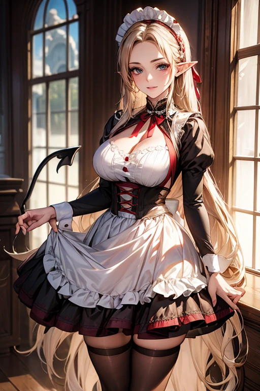 ((best quality)), ((Masterpiece)), (details:1.4), ((Enrich the picture，Masterpiece level quality)), Beautiful 8K CG artwork, 3d, HDR (high dynamic range), ne female adult elf with demon horns and dark blonde long hair and visible forehead wearing a beautiful maid dress with red ribbons, maid attire, maid dress, full body, adult face, forehead, beautiful maid dress, detailed maid dress with red ribbons, ort puffy ****ta dress, standing, sexy, seethrough