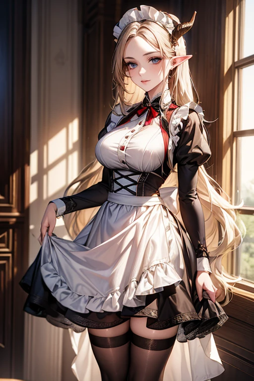 ((best quality)), ((Masterpiece)), (details:1.4), ((Enrich the picture，Masterpiece level quality)), Beautiful 8K CG artwork, 3d, HDR (high dynamic range), ne female adult elf with demon horns and dark blonde long hair and visible forehead wearing a beautiful maid dress with red ribbons, maid attire, maid dress, full body, adult face, forehead, beautiful maid dress, detailed maid dress with red ribbons, ort puffy lolita dress, standing, sexy, seethrough