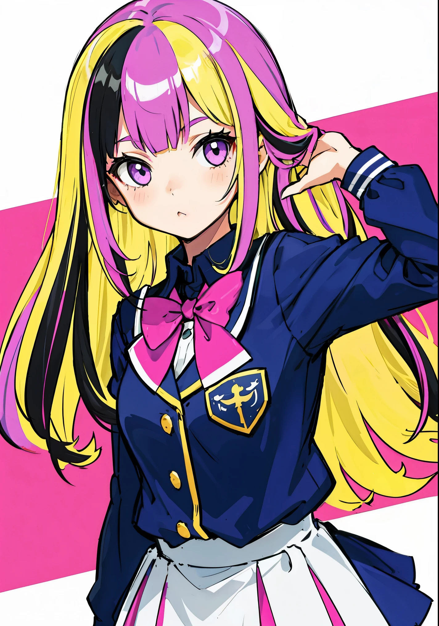 girl in school uniform, pink purple hair with yellow streaks.
