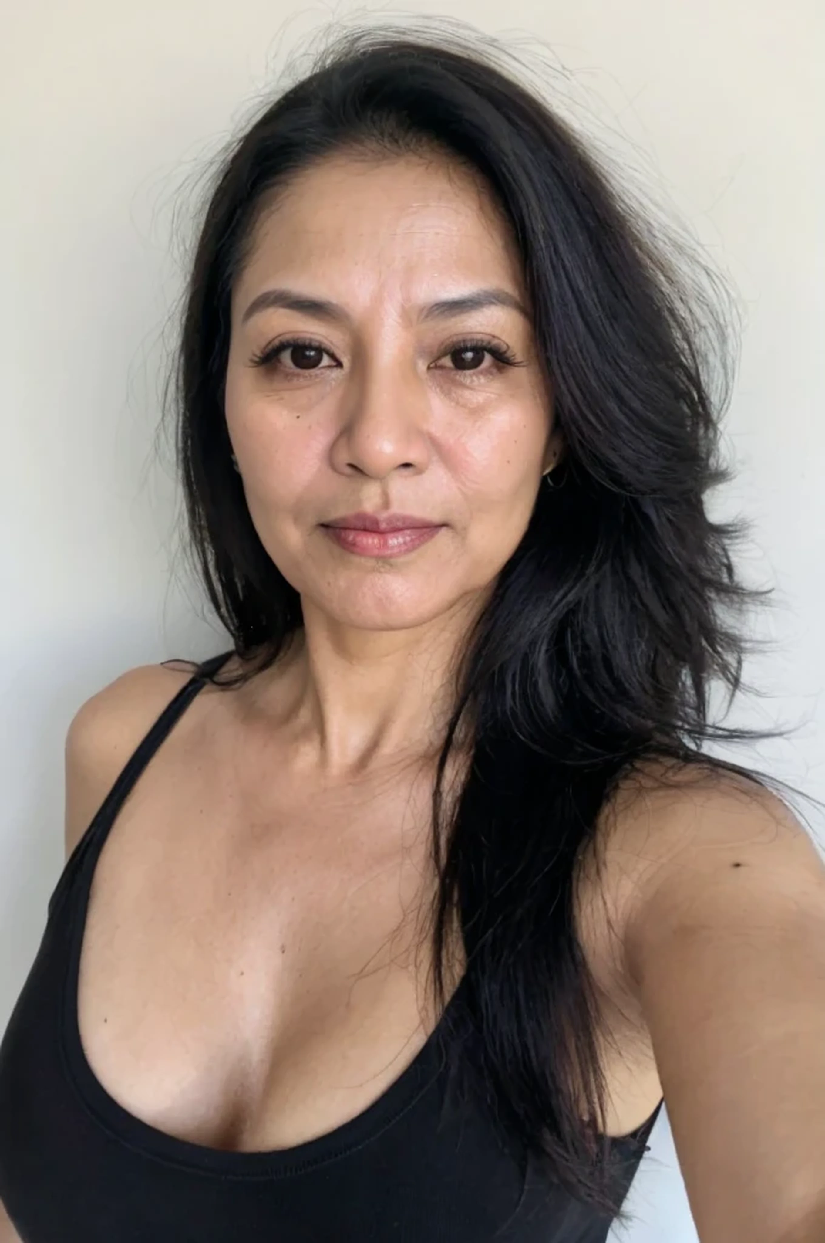NSFW, ((Best Quality)), ((8K)), ((Masterpiece: 1.3)), (Perfect Appearance), (Photorealism: 1.6), (A woman in a camisole stands by the bed), Bedroom, night, luxurious furniture, Japanese woman, 47 years old, (realistic skin texture)), (overall skin fine lines: 1.3), (skin dullness: 1.1), (skin without moisture): 1.2 ), (skin wrinkles) Face: 0.9), (crow's feet: 1.2), double eyelids, tear sacs on lower eyelids, (crying mole: 0.9), eyes facing towards you, serious expression, ( Dimples: 1.2), medium long hairstyle, gentle smile, eyes looking towards you, short hairstyle, silk camisole, lace camisole, (focus on upper body: 1.4), low angle,