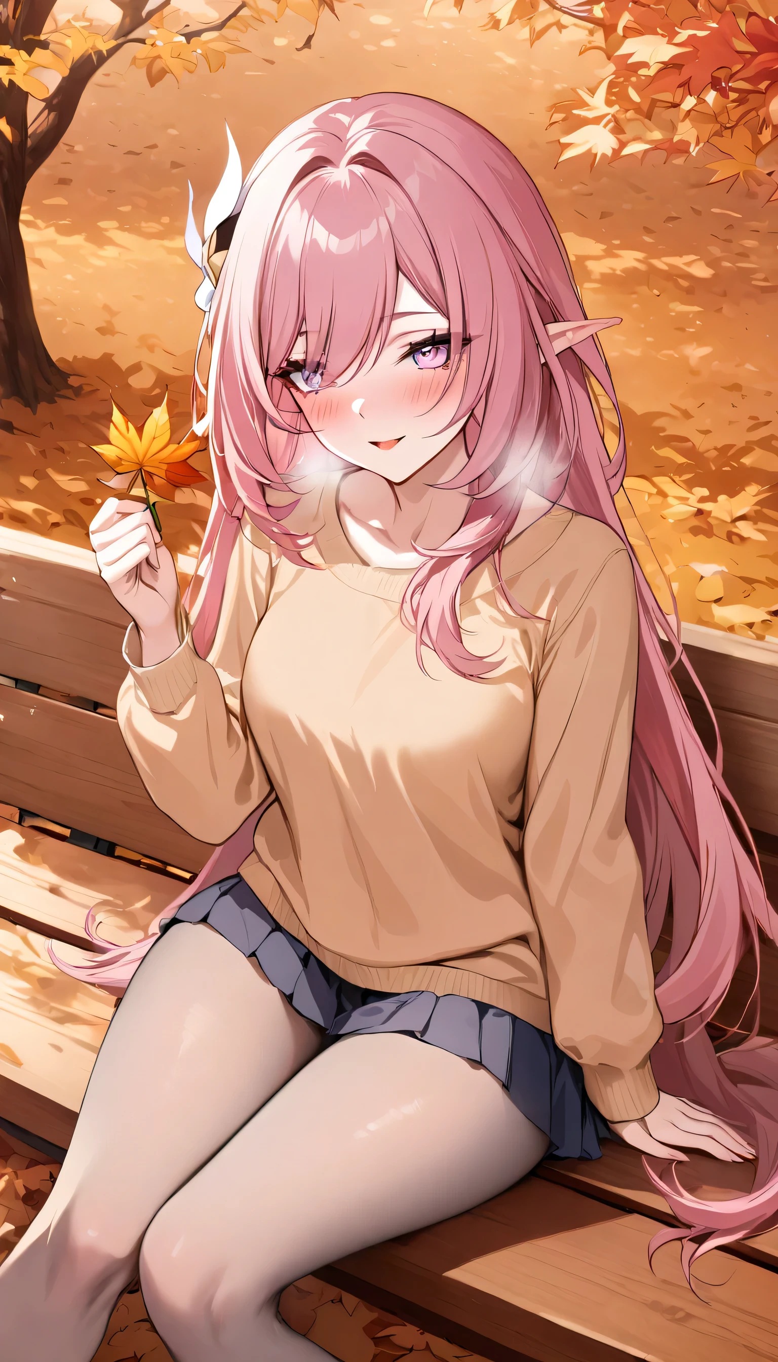 elysia \(herrscher of human:ego\) \(Honkai impact\), pointed ears, elf, pink hair, pink eyes, long hair, blush, seductive smile, heavy breathing, 1 girl, adult grown woman, masterpiece, best quality, beautiful detailed eyes, sitting on a bench in park, autumn day, golden autumn, warm sweatshirt, beige tights, holding a leaf, pleated skirt, black pantyhose, red scarf finely detailed, extremely detailed CG unity 8k wallpaper, autumn