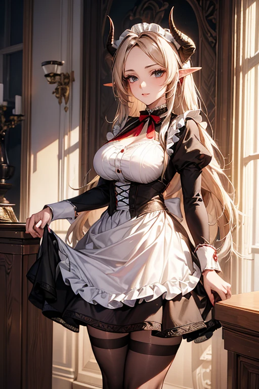 ((best quality)), ((Masterpiece)), (details:1.4), ((Enrich the picture，Masterpiece level quality)), Beautiful 8K CG artwork, 3d, HDR (high dynamic range), ne female adult elf with demon horns and dark blonde long hair and visible forehead wearing a beautiful maid dress with red ribbons, maid attire, maid dress, full body, adult face, forehead, beautiful maid dress, detailed maid dress with red ribbons, ort puffy ****ta dress, standing, sexy, seethrough, royal background, demon horns