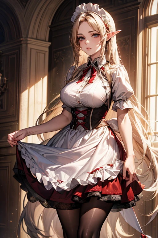 ((best quality)), ((Masterpiece)), (details:1.4), ((Enrich the picture，Masterpiece level quality)), Beautiful 8K CG artwork, 3d, HDR (high dynamic range), ne female adult elf with demon horns and dark blonde long hair and visible forehead wearing a beautiful maid dress with red ribbons, maid attire, maid dress, full body, adult face, forehead, beautiful maid dress, detailed maid dress with red ribbons, ort puffy ****ta dress, standing, sexy, seethrough, royal background, demon horns