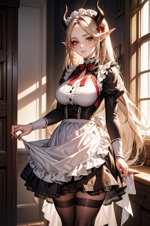 ((best quality)), ((Masterpiece)), (details:1.4), ((Enrich the picture，Masterpiece level quality)), Beautiful 8K CG artwork, 3d, HDR (high dynamic range), ne female adult elf with demon horns and dark blonde long hair and visible forehead wearing a beautiful maid dress with red ribbons, maid attire, maid dress, full body, adult face, forehead, beautiful maid dress, detailed maid dress with red ribbons, ort puffy lolita dress, standing, sexy, seethrough, royal background, demon horns