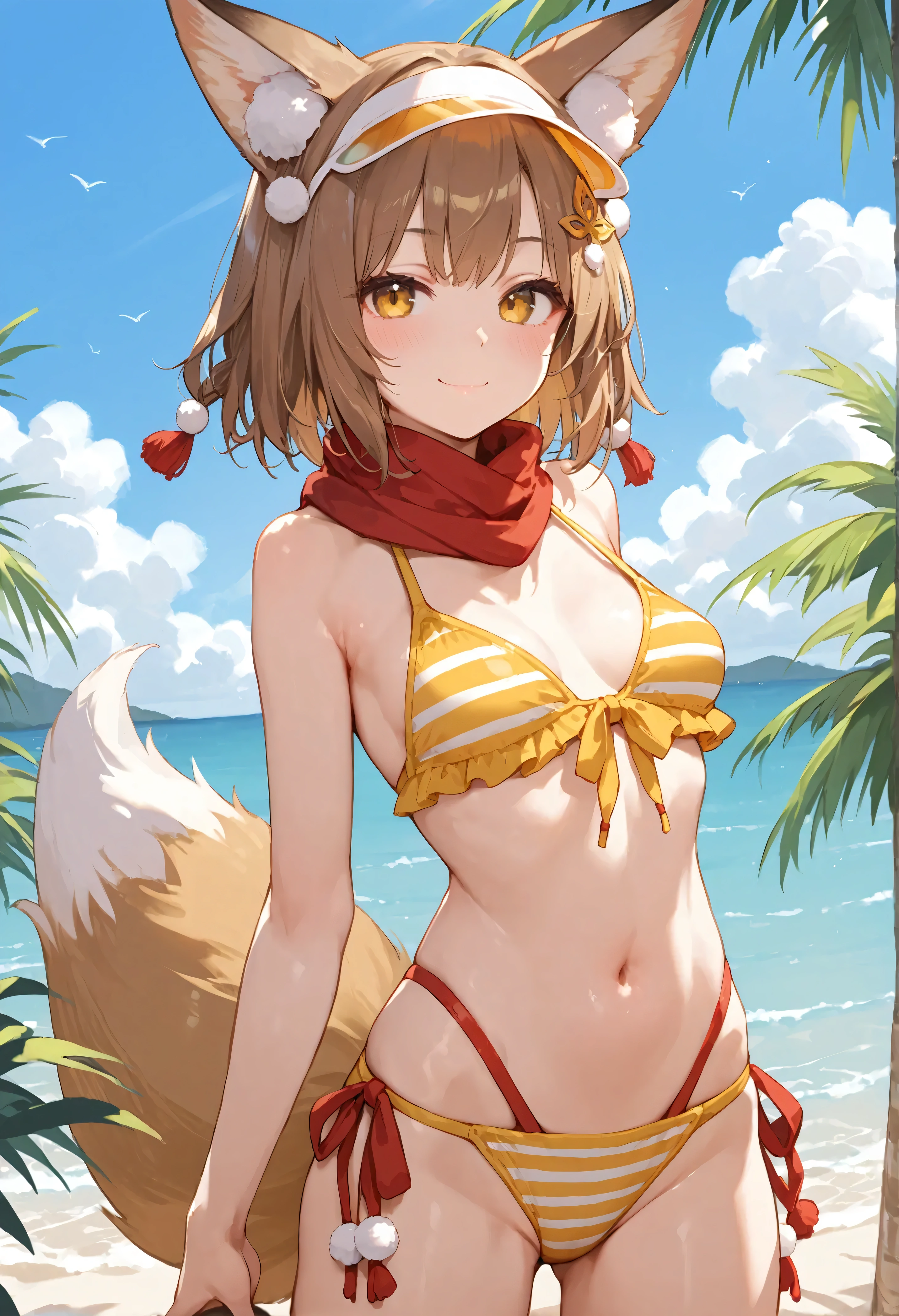 1girl, beach, animal ears, :3, smile, closed mouth, bikini, blush, breasts, brown hair, flexible, fox ears, fox girl, fox tail, front-tie bikini top, front-tie top, hair ornament, highleg, highleg bikini, leg lift, looking at viewer, pom pom hair ornament, red scarf, scarf, short hair, small breasts, solo, split, standing, standing on one leg, standing split, striped bikini, striped clothes, swimsuit, tail, visor cap, yellow eyes, hands, score_9_up, score_8_up, masterpiece, best quality, detailed skin texture, (blush:0.2), (goosebumps:0.3), subsurface scattering