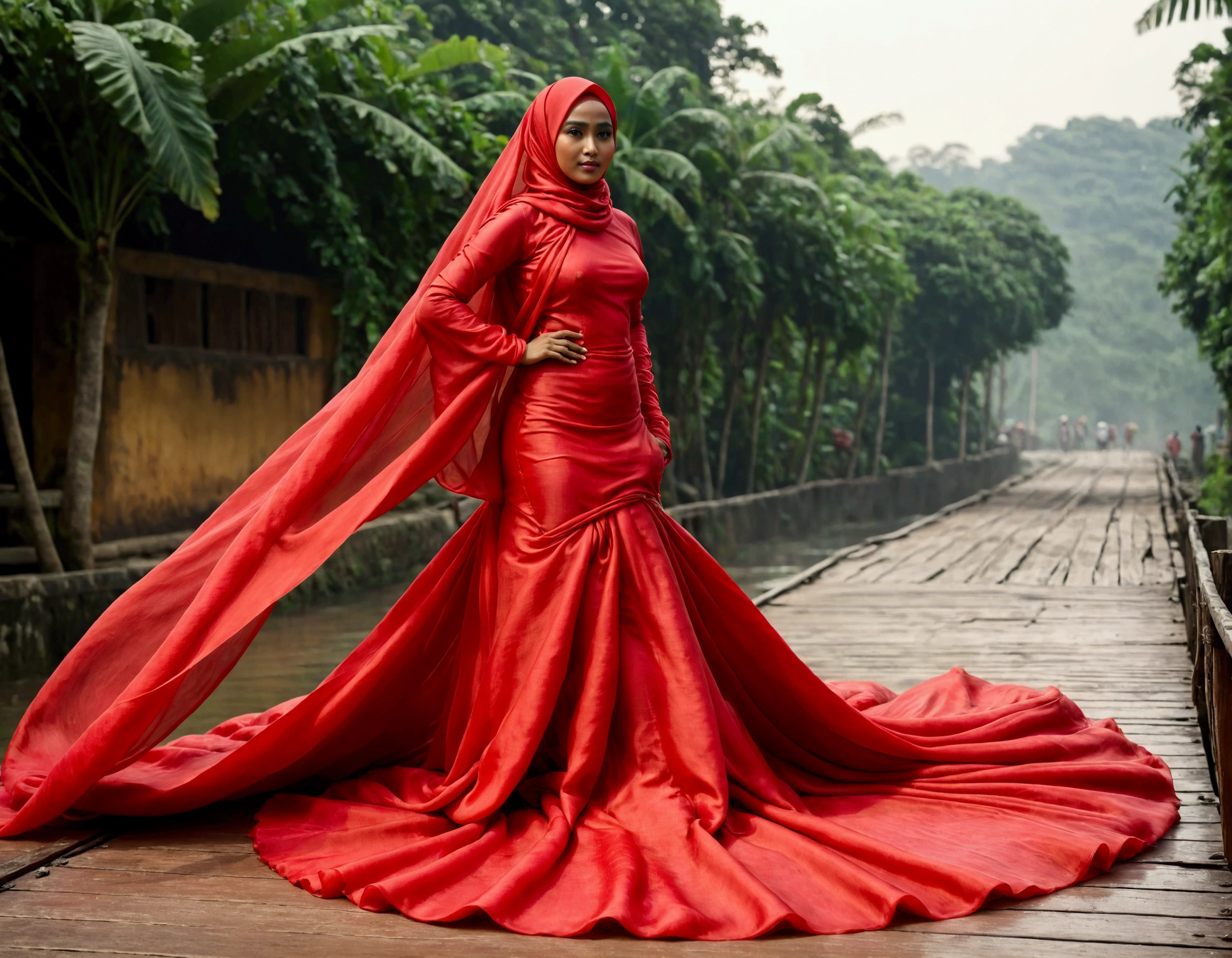 A woman shrouded in a 9-meter-long, plush red organza cloth, tightly bound and grandly draping along the form of her body, flowing off into a pooled floor-length train, styled in a mermaid-inspired outfit, her head modestly veiled in a satin hijab, 175 height woman, walk in indonesia vilage, a full-body pose conveying a sense of elegance, captured in a 4k resolution, ultra-realistic
