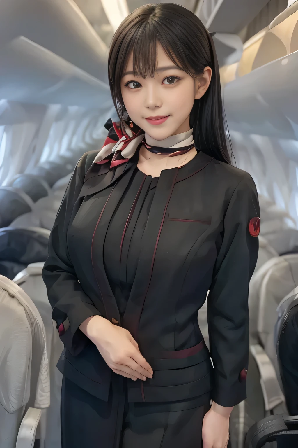 (masterpiece:1.2, Best Quality:1.2), 32K HDR,  High Resolution , (Alone、 1 girl)、（on board、 professional lighting）、In-flight background、（JAL cabincrew uniformを着たリアルスタイル）、（（JAL cabincrew uniform long sleeve jacket 、 jumper skirt、Scarf around the neck））、Dark brown hair、（Long Hair、Hair tied up、Hair tied up）、Dark brown hair、 LONG SHOT 、Big Breasts、Thin legs、（（Great hands：2.0）），（（ Harmonious Body Proportions：1.5）），（（Normal limbs：2.0）），（（Normal finger：2.0）），（（Delicate eyes：2.0）），（（Normal eyes：2.0））)、smile、（JAL cabincrew uniform美しい立ち姿）、Hands clasped underneath