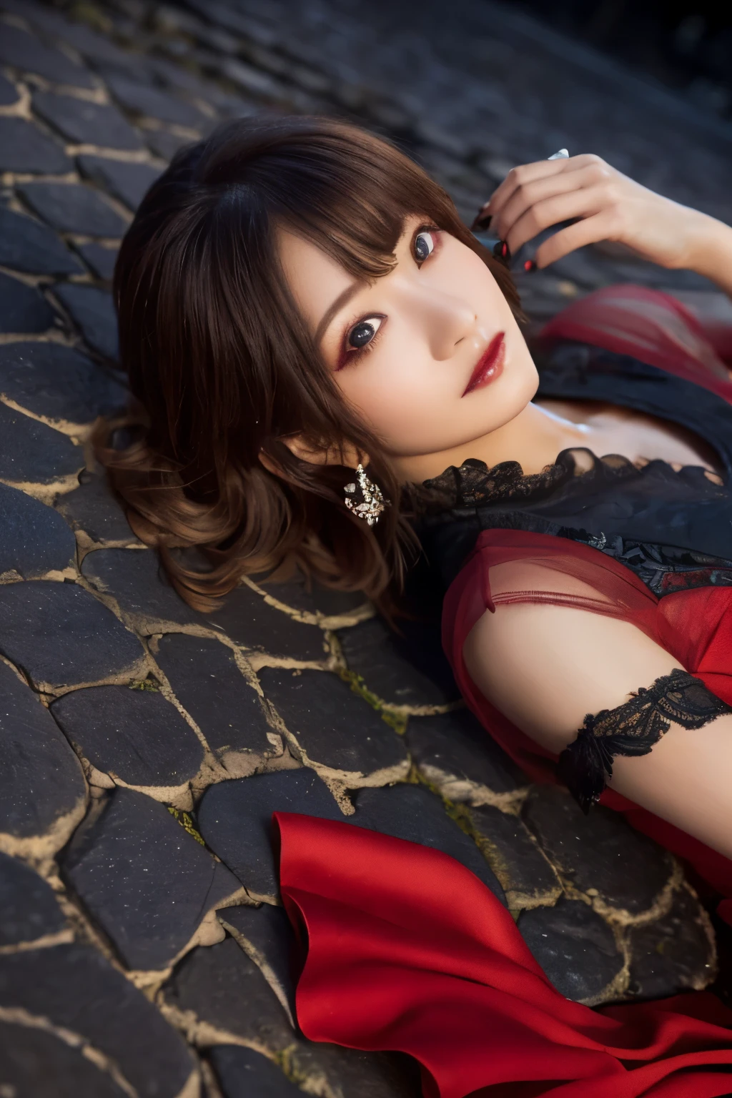  1 girl, ( She's wearing a red dress  :1.3), (Gothic Makeup),   Portrait of an adorable Japanese symphonic metal singer, (RAW Photo Best Quality), (Realistic, Realistic:1.4), (masterpiece), 
But delicate and beautiful, very detailed, 2k wallpaper, wonderful, finely, very detailed CG Unity 8K wallpaper,  very detailed, high res, Soft light, 
Beautiful girl with detailed grooming, very detailed eyes and face, A beautiful and elegant nose, beautiful beautiful eyes, Cinema Lighting, 
(A girl lies on her back on the cobblestones of a medieval city at night:1.3), (Dark screen:1.5),
(short hair), (Disheveled hair on the ground), (indigo color scheme),
 Perfect Anatomy, Slender body, Small breasts