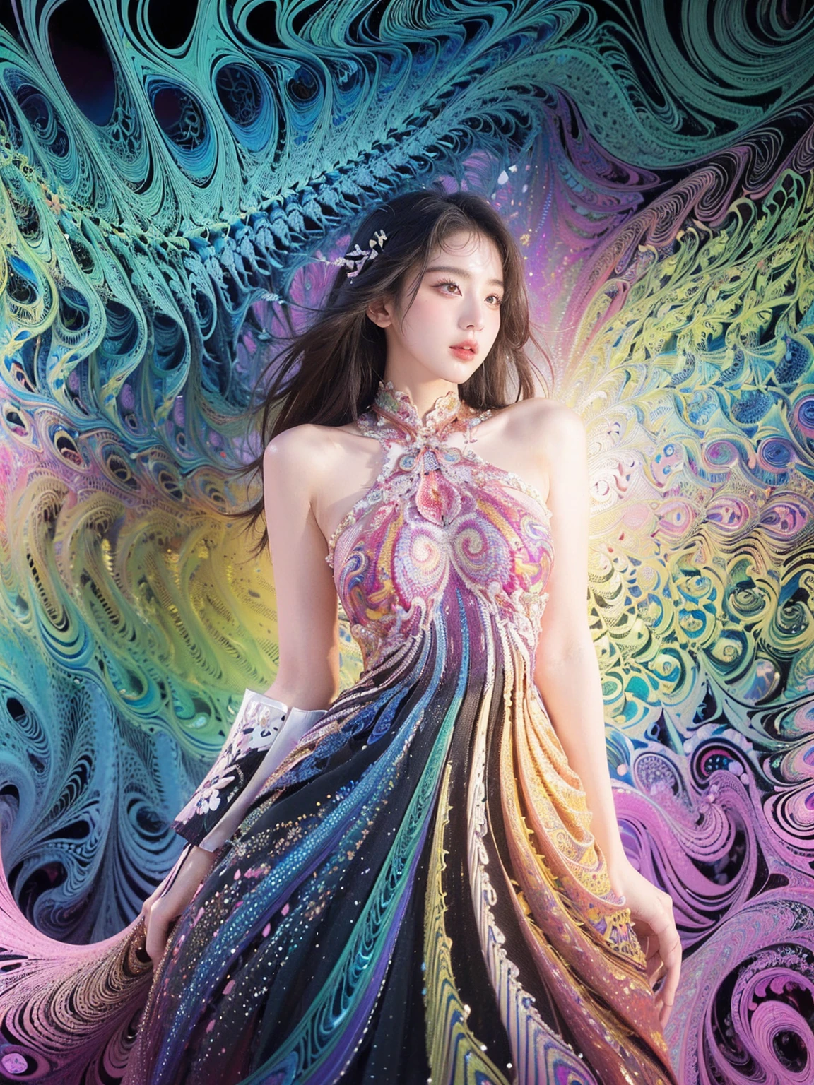 (masterpiece, top quality, best quality, official art, beautiful and aesthetic:1.2), (1girl:1.3), extremely detailed,(fractal art:1.2),colorful,highest detailed,(zentangle:1.2), (dynamic pose), (abstract background:1.5), (treditional dress:1.2), (shiny skin), (many colors:1.4), upper body