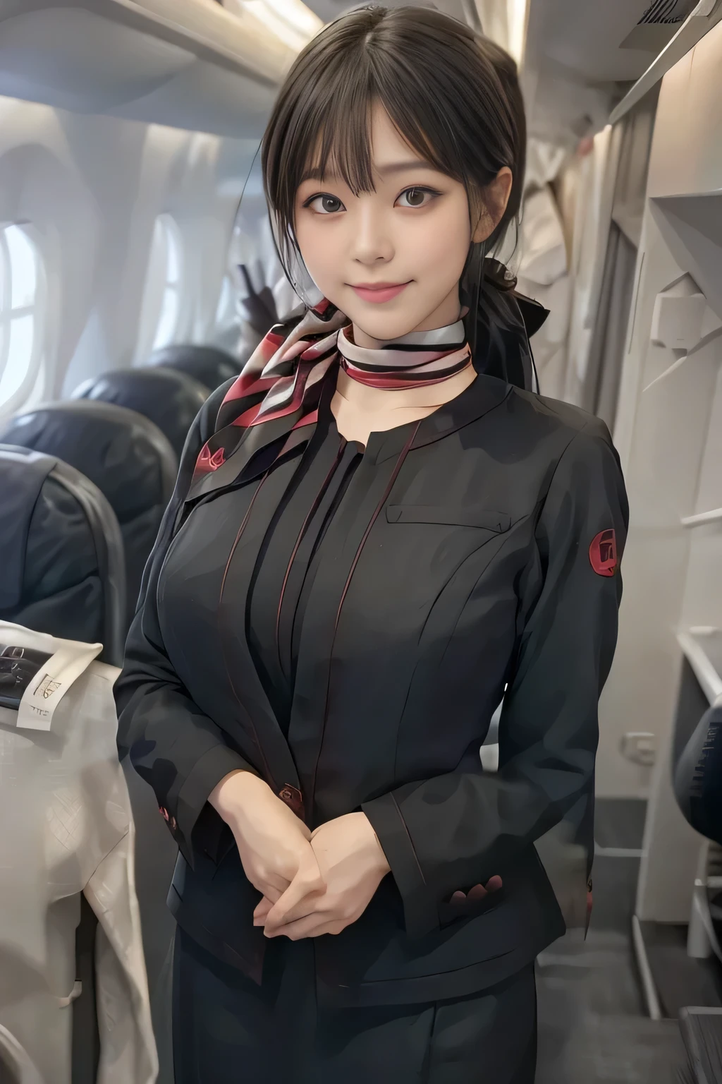 (masterpiece:1.2, Best Quality:1.2), 32K HDR,  High Resolution , (Alone、 1 girl)、（on board、 professional lighting）、In-flight background、（JAL cabincrew uniformを着たリアルスタイル）、（（JAL cabincrew uniform long sleeve jacket 、 jumper skirt、Scarf around the neck））、Dark brown hair、（Long Hair、Hair tied up、Hair tied up）、Dark brown hair、 LONG SHOT 、Big Breasts、Thin legs、（（Great hands：2.0）），（（ Harmonious Body Proportions：1.5）），（（Normal limbs：2.0）），（（Normal finger：2.0）），（（Delicate eyes：2.0）），（（Normal eyes：2.0））)、smile、（JAL cabincrew uniform美しい立ち姿）、Hands clasped underneath