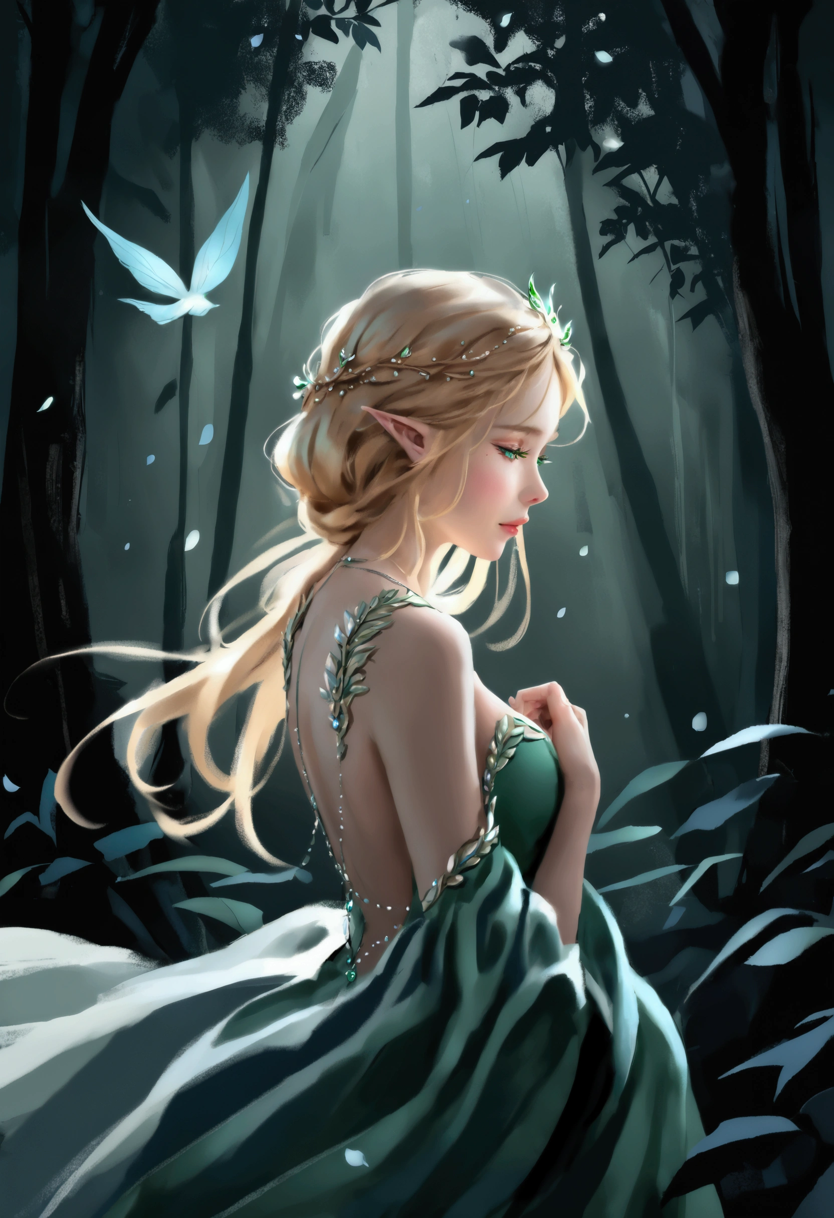 (best quality,4k,8k,highres,masterpiece:1.2),ultra-detailed,(realistic,photorealistic,photo-realistic:1.37),elf girl with long blonde hair wearing a green dress and having mesmerizing blue eyes,wisps of curly hair gently caressing her face,fair porcelain skin glowing with a soft ethereal sheen,delicate facial features exuding grace and beauty,natural-looking makeup highlighting her enchanting eyes,thin eyebrows elegantly arched upwards,long and fluttering eyelashes framing her captivating gaze,cheeks adorned with a subtle rosy blush,plump and rosy lips that seem to invite a smile,her eyes reflecting a sense of curiosity and wisdom,a crown of intricate green leaves resting on her flowing locks,green dress adorned with delicate embroidery and sparkling gemstones,flowing sleeves that cascade down her arms,soft and airy fabric gracefully draping around her slendegure,a forest filled with magical creatures serving as the backdrop,sunlight filtering through the vibrant leaves casting a warm and enchanting glow,whispering wind gently rustling the leaves enhancing the ethereal atmosphere,subtle rays of sunlight illuminating her radiant presence, vibrant shades of green and blue harmonizing with her surroundings,evoking a sense of tranquility and magic as if she belongs to a mystical realm, hinting at a story waiting to unfold.