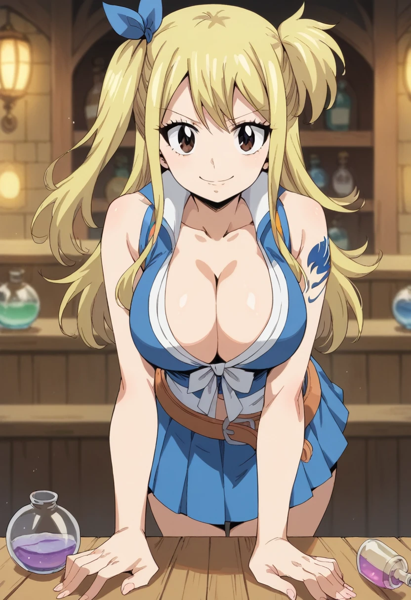 1 girl, Lucy Heartfilia, Fairy Tail, large breasts, long hair, blonde hair, brown eyes, skirt, ribbon, cleavage, bare shoulders, collarbone, hair ribbon, sleeveless, one side up, blue ribbon, blue skirt, pleated skirt, belt, potion shop, pulling down shirt to expose cleavage, seductive smile, leaning forward slightly 