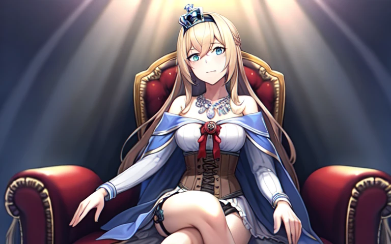 masterpiece,   best quality,  1 girl, (WarSpiteOG ),  Alone, Long Hair, Mini Crown, blue eyes,  Off Shoulder Dress, Long sleeve, Thigh length, ribbon, necklace, ribbon, Hairbands, rose, Clevis,  garter strap , corset,  closed mouth , Serious, Wat,  Crossing your legs, ,  Sitting on a Throne , Union Jack ,  Red Carpet , Sunbeam, (Blue Theme),   