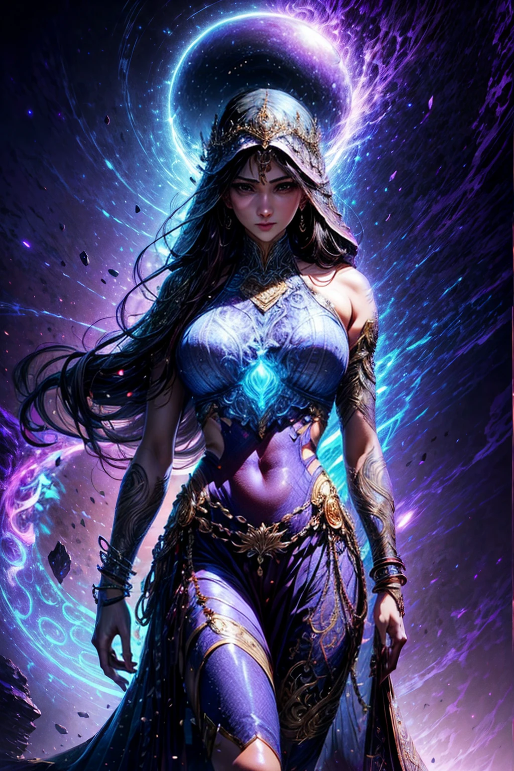 A stunning surreal illustration featuring an Aztec queen and her mist-shrouded vampire kingdom, rendered in mesmerizing bioluminescent neon watercolor hues, reminiscent of an ethereal dreamscape, bathed in a canvas of crystals, evoking an air of mystical opulence. The ancestral silhouette portrait, glows with an otherworldly luminescence, radiating an aura of enchantment. This ultra-high-resolution masterpiece embodies a harmonious blend of mystical realism and fantasy, pulsating with iridescent hues of blue, violet, and green, inviting the viewer to step into her mystical realm.