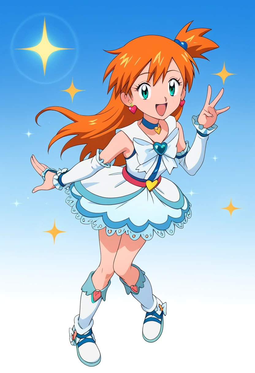 score_9, score_8_up, score_7_up, 1girl, solo, misty \(pokemon\), orange hair, long hair, hair ornament, hair ribbon, aqua eyes, looking at viewer, happy, arm warmers, bow, brooch, choker, dress, earrings, eyelashes, frills, gloves, gradient, gradient background, heart earrings, jewelry, magical girl, open mouth, ribbon, sparkle, star \(sky\), wrist cuffs, full body, lens flare, sparkle, standing, sun