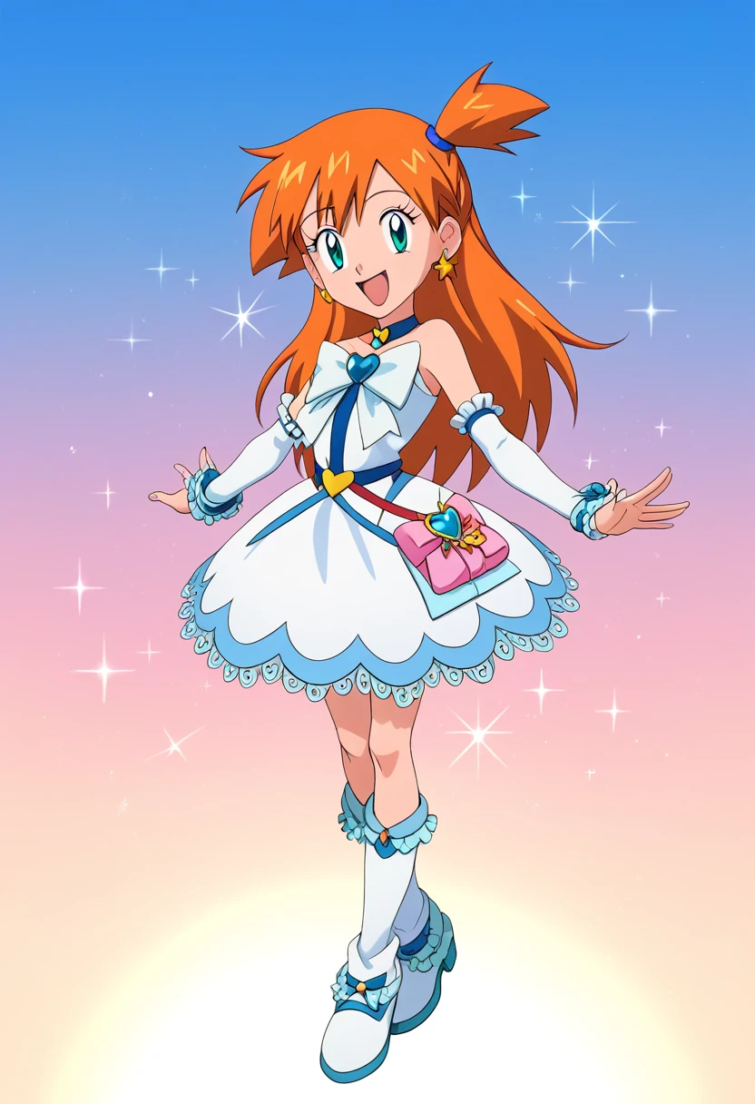 score_9, score_8_up, score_7_up, 1girl, solo, misty \(pokemon\), orange hair, long hair, hair ornament, hair ribbon, aqua eyes, looking at viewer, happy, arm warmers, bow, brooch, choker, dress, earrings, eyelashes, frills, gloves, gradient, gradient background, heart earrings, jewelry, magical girl, open mouth, ribbon, sparkle, star \(sky\), wrist cuffs, full body, lens flare, sparkle, standing, sun