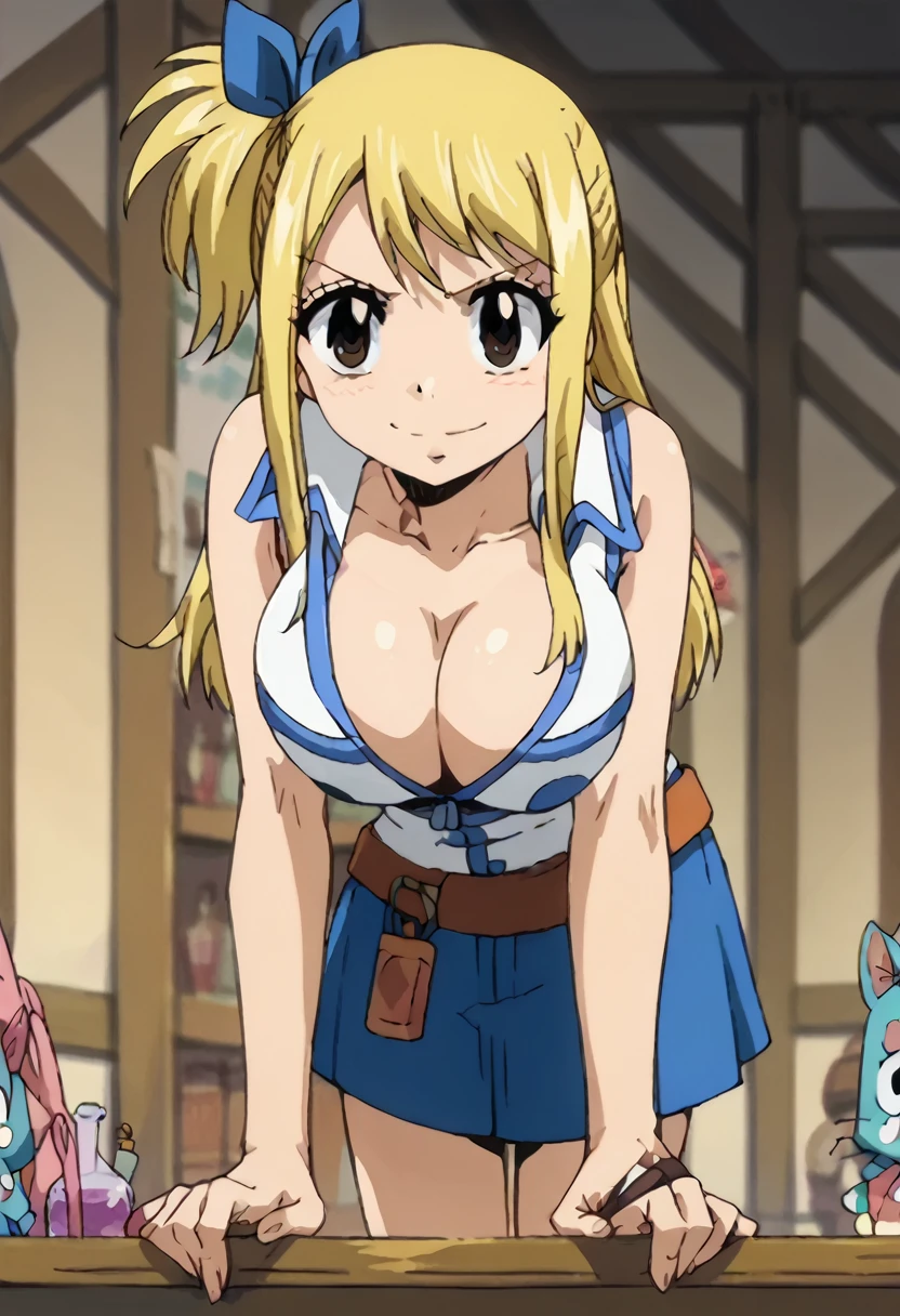 1 girl, Lucy Heartfilia, Fairy Tail, large breasts, long hair, blonde hair, brown eyes, potion shop, pulling down shirt to expose cleavage, seductive smile, leaning forward slightly, x784 outfit