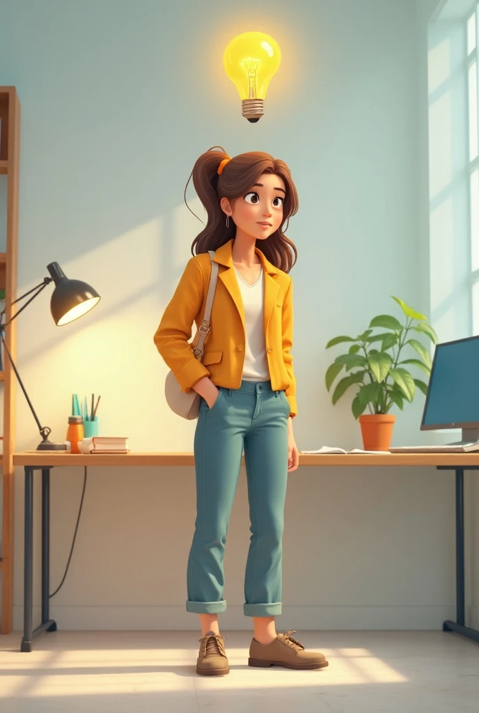 Crie um cartaz inspirado na Disney Pixar com o personagem mulher cabelos cacheados, olhos castanho escuro grande, nariz meio comprido, boca pequena e um pouco cheia, da cor parda, meio gordinha, de blazer preto, blusa branca, Baggy pants and white sneakers in an office standing holding mobile phone.