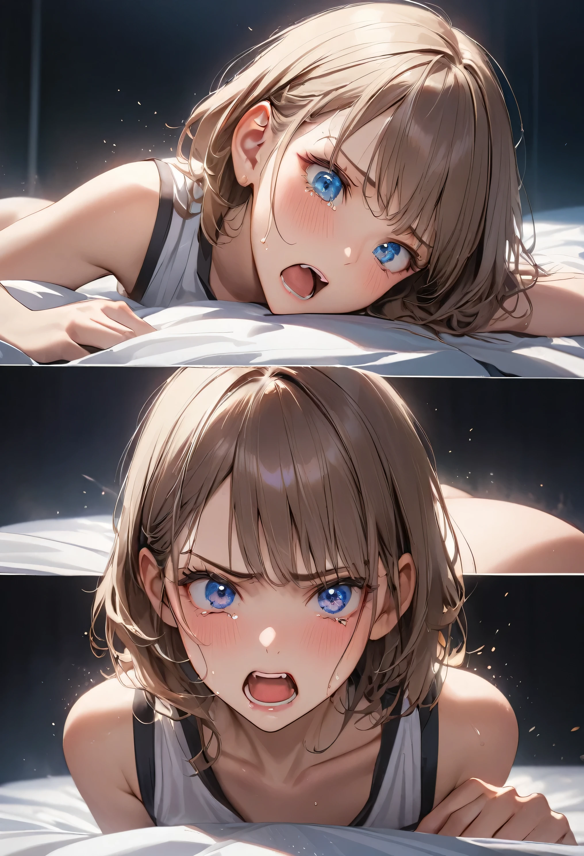 master piece、Highest image quality、highest quality、、((embarrassed expression:1.3))、(shy face:1.2)、(not wearing clothes)、naked、lie down in bed、forced to spread legs、slender body shape、small nipples、Lustrous hair、ample breasts