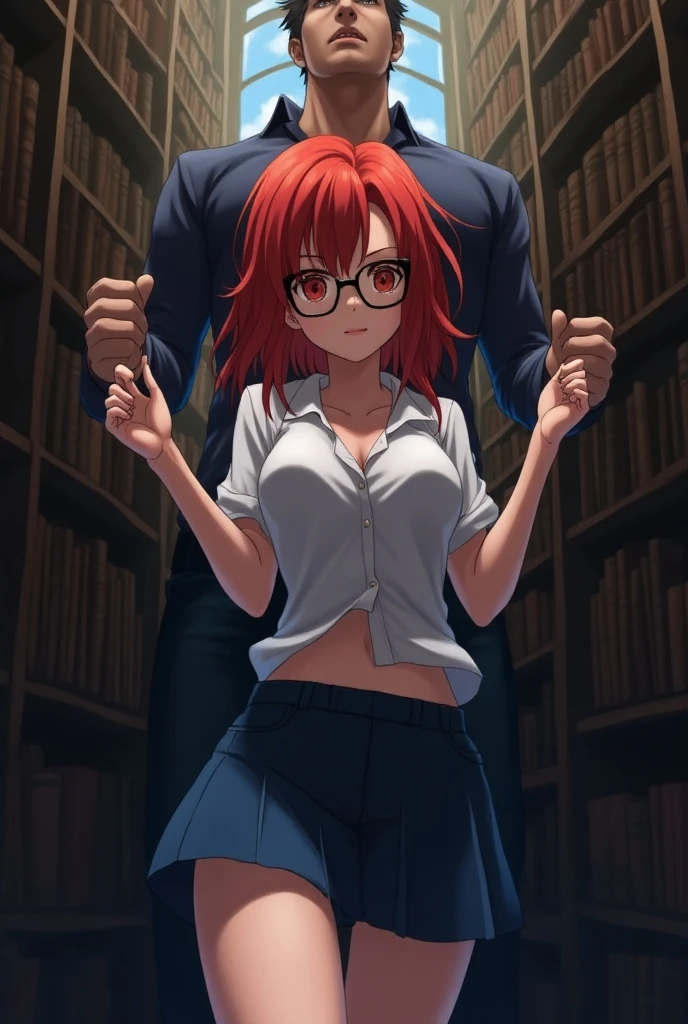 dynamic lighting , love live art style, takami chika , orange hair, medium hair, pink eyes, side braid, circle glasses, corset, pencil skirt,collarbone,neck ring, thighhighs, in black dark library , night , strapless , shiny skin,Elijahzx art style,thin waist,curvy hips, 1boy, interracial, parted lips,suspended congress,wince, surprised, sweating, underwear,