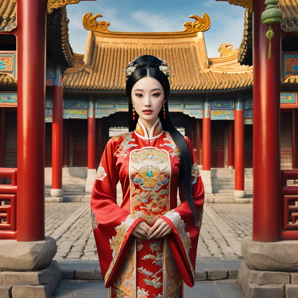 A ultra-detailed illustration of a glowing with incredibly detailed photorealistic elements. A deep, vibrant multicolored image showcasing an ultra-realistic Beautiful Chinese woman with black eyes and an hourglass figure. She has long black hair neatly tied up, standing on a cobblestone street at the Beijing Palace gates next to a horse-drawn carriage. She wears traditional Chinese clothing, a red silk qipao with intricate golden embroidery. Her skin is pure porcelain with red lipstick and refined contrast.