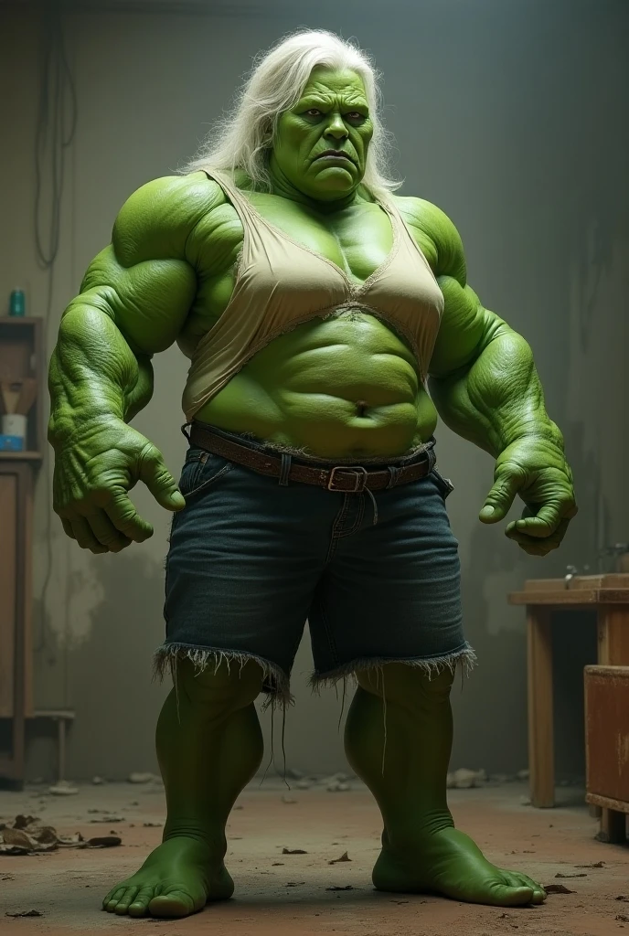 A very big, buff, giant, female bodybuilder, she hulk, green skin, black hair, with huge arms and huge legs, big boobs, flexing her enormous, giant muscles, wearing ripped jean shorts, topless, ruined city, city destruction, burning crushed cars, photorealistic, topless