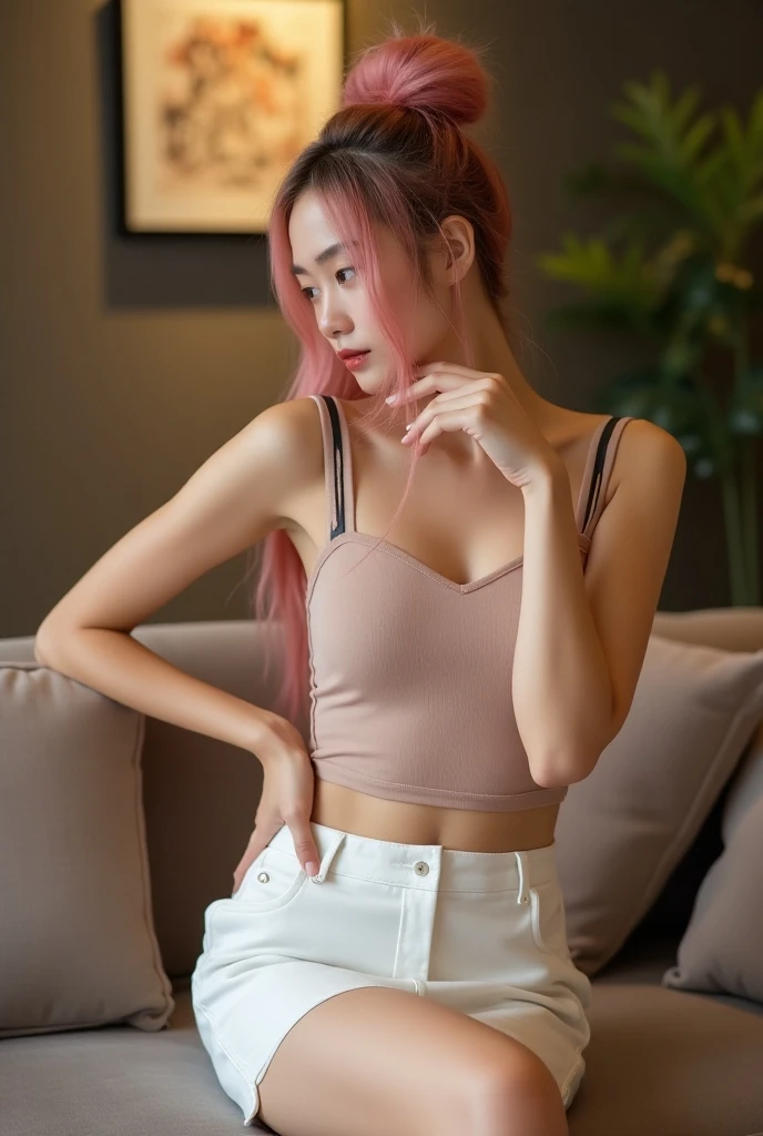 wearing a korean , medium bust, smiling, flirty face, a korea