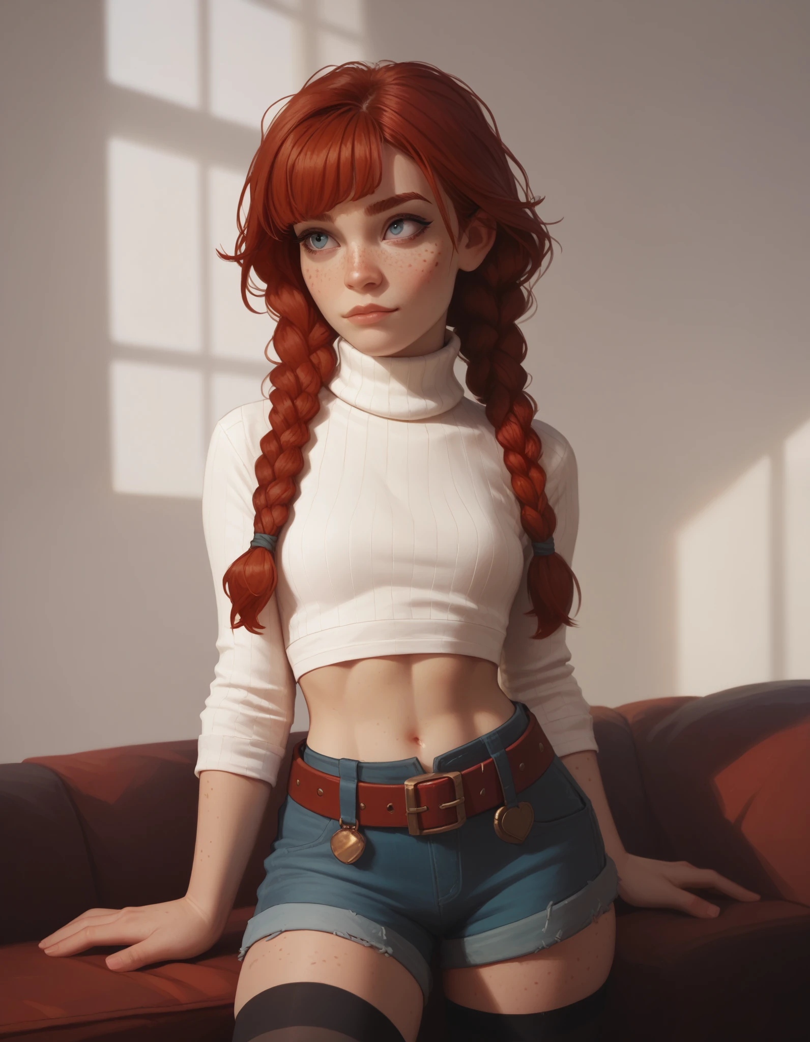 score_9, score_8_up, score_7_up,  A red-haired girl with freckles, braids  and bangs, wearing a turtleneck crop top, black stockings and a belt.