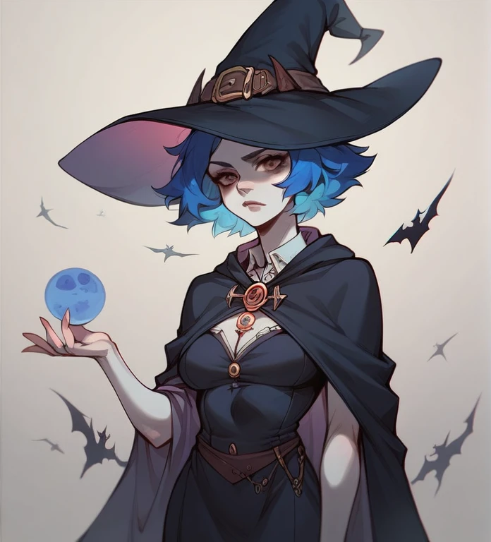 Halfbody ilustration, female human, witch, wearing a witch clothes with details, white skin tone, short blue hair, neutral pose