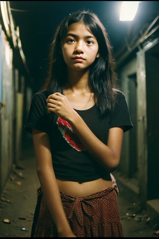 a Thai girl, flat chested, dusty face, messy hair., He was wet, wearing a torn and very dirty T-shirt., Not wearing pants, Not wearing underwear, showing her breasts and pussy., Standing in a dirty alley at night.