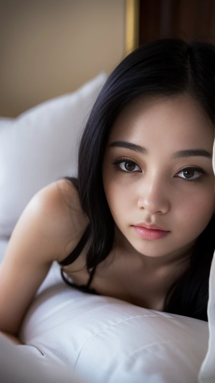 Depressed black hair girl in a bed