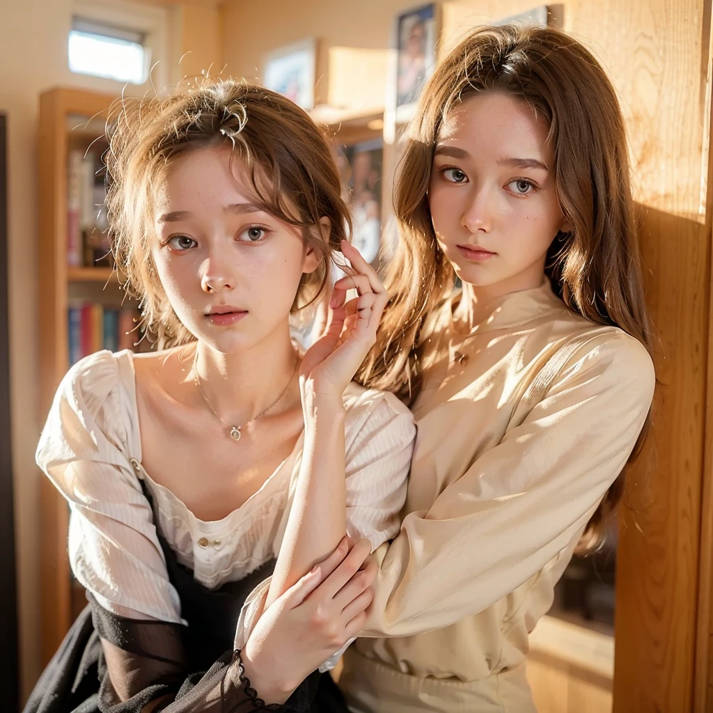 High quality, best quality, 4K, HD, A guy have brown hair and a girl have brown hair, modelshoot style, photorealism, pastel palette, masterpiece, diversity, ((perfect face)), smile, clear detailed face, detailed hair.