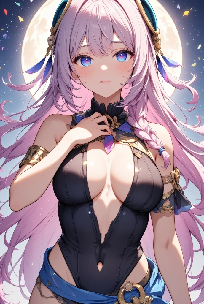 1girl,Sexy Pose,smugness,pink hair,parted bangs,very long hair,hair down,braids,(hair ornament),facial Mark,heavy makeup,blue eyes,(pink pupils),tribal clothes,Tribal clothing,Loin cloth,Black Bare Shoulder,leotard,skirt,One Elbow Glove,fingerless gloves glowing eyes,medium breasts,waistcloth,citlali,シトラリ,beautiful detailed,hyper detail,masterpiece,best quality,bright,citlali,moon night