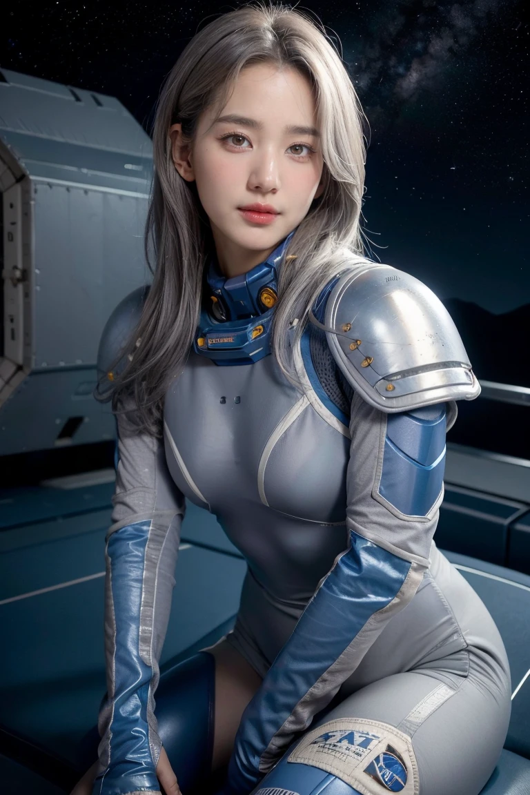 Best Quality, Ultra High Resolution, (Realism: 1.4), Depth of Field, Beautiful Face, (PureErosFace_V1: 0.8), Halfbody, | | 1girl, medium chest, (gray hair: 1.3), innocent smile, natural makeup, | | | Model pose, | | (Spacesuit: 1.3), (Blue Armor: 1.3), Exquisite Design, | | Space Background, Stars_(Sky), Moonlight, Night, | |