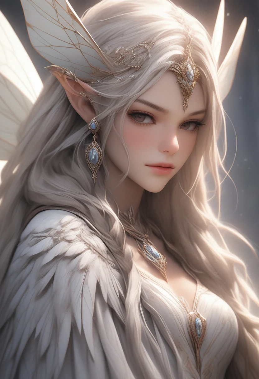 (Female angel) "four wings," fully body, (yellow eyes), (big white hair), best qualityer, 4K, (elf ear) looking at side, (breasts big), (big-ass), 