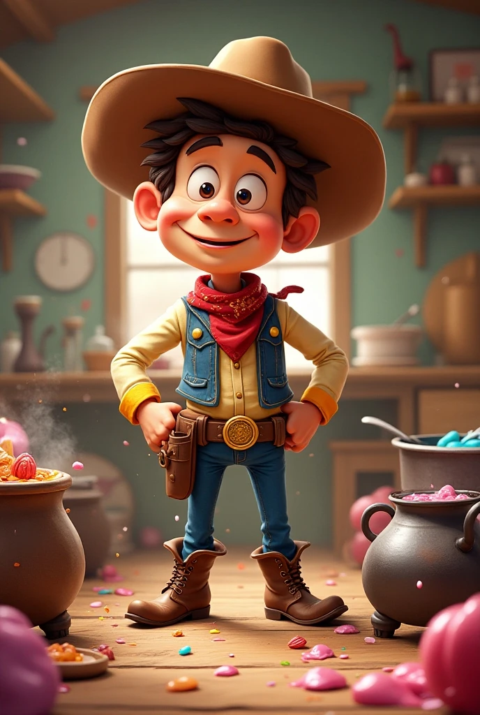 Cartoon cowboy making candy