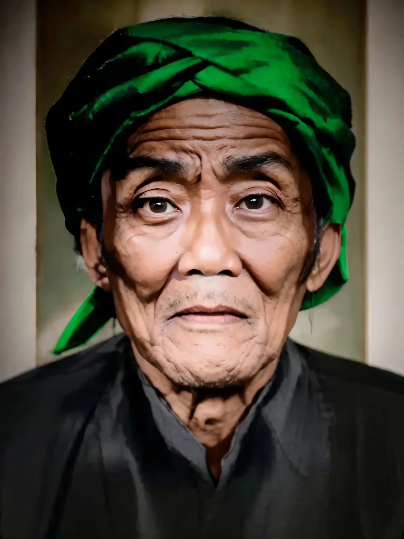 Indonesian Muslim man, aged 45 years or over, wearing a large green turban, a large, shabby shirt, brown skin, wrinkled but clean face, closed thin lips, slightly slanted eyes. HD quality realistic images