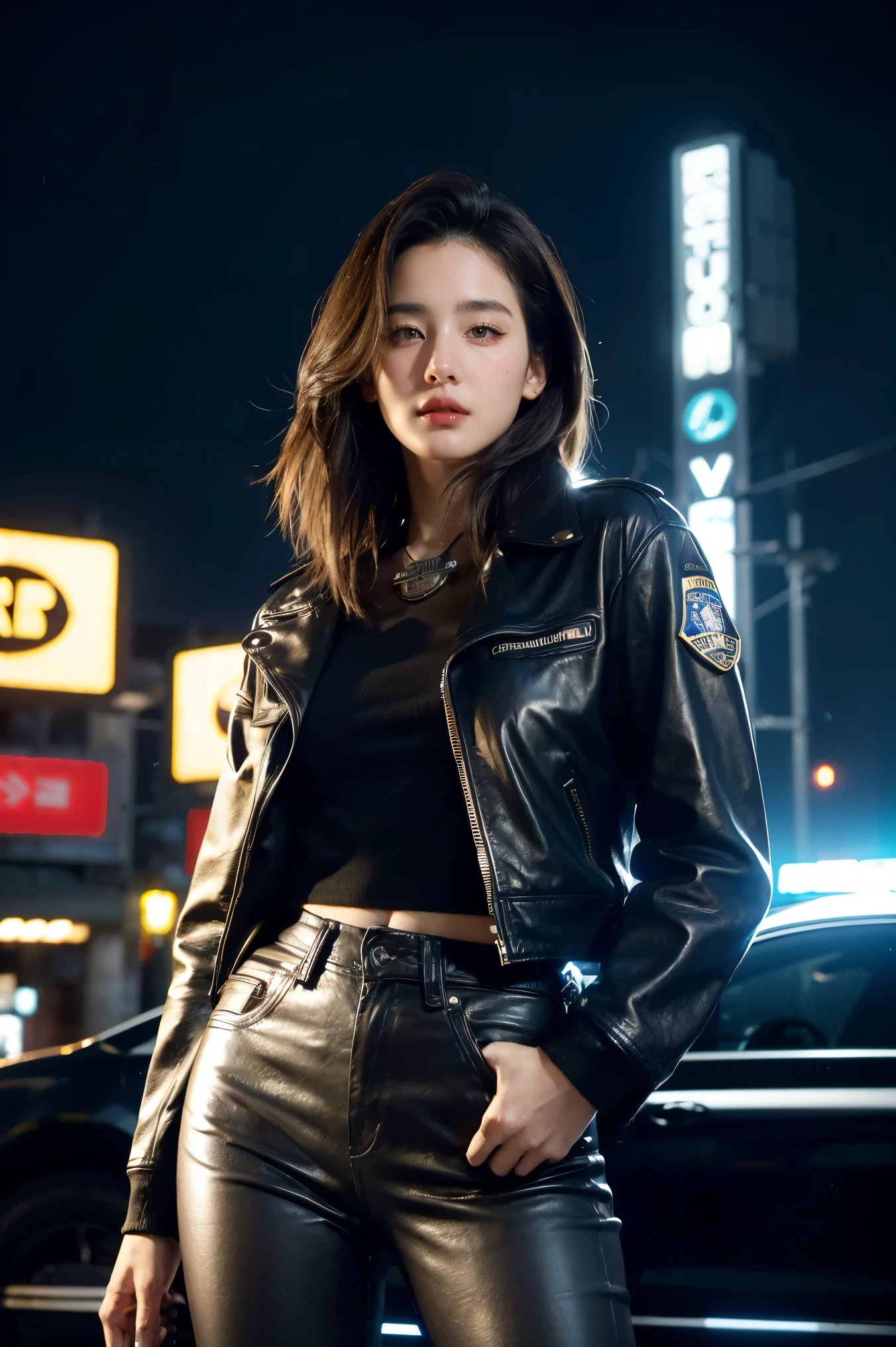 Portrait of natlp as a beautiful female model, georgia fowler, beautiful face, with short dark brown hair, in cyberpunk city at night. She is wearing a leather jacket, black jeans, dramatic lighting, (police badge:1.2)