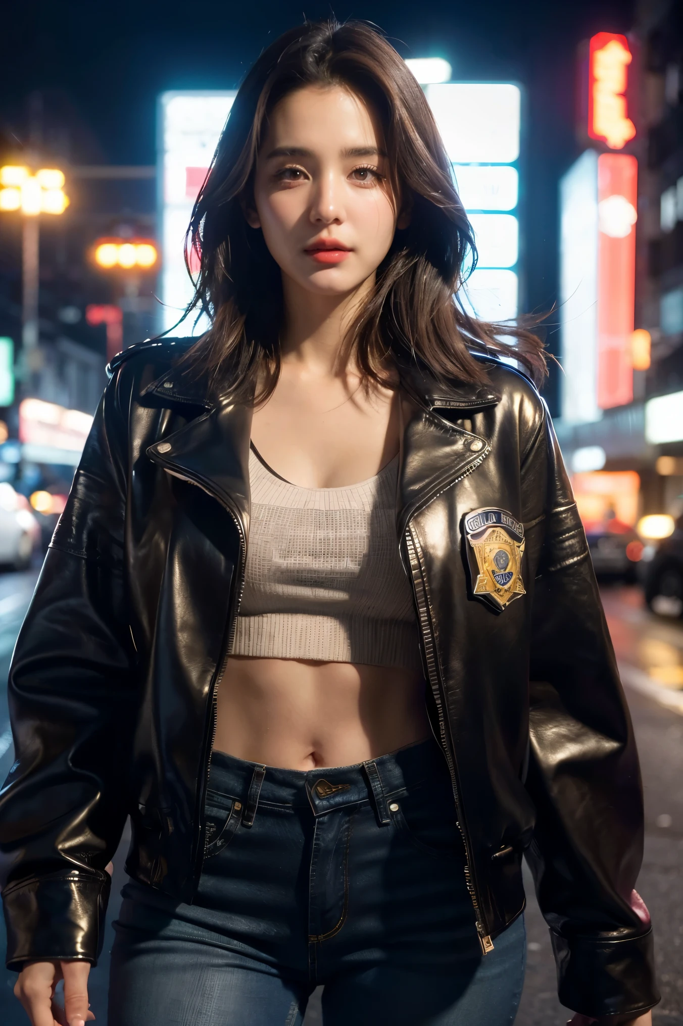 Portrait of natlp as a beautiful female model, georgia fowler, beautiful face, with short dark brown hair, in cyberpunk city at night. She is wearing a leather jacket, black jeans, dramatic lighting, (police badge:1.2)