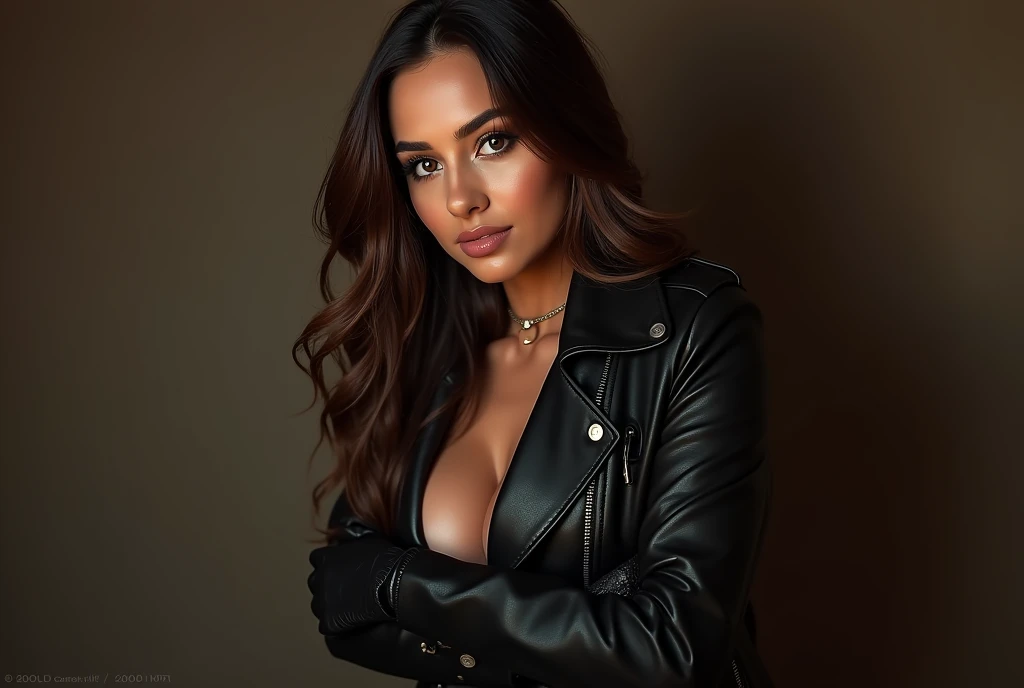 1 woman, inside a very dark place, wearing a white blouse and a black leather jacket over it, nice breasts, detailed facial features, feminine light brown eyes, detailed dark brown skin, sensual woman, tattoos on body, glossy lips, very long brown hair, dramatic lighting, cinematic composition, dark palette, dark colors, atmospheric haze, strong body, thin chin, 25 years old, very beautiful (best quality, 4K, 8K, high resolution, artwork: 1.2), ultra detailed, (realistic, photorealistic, photorealistic: 1.37)