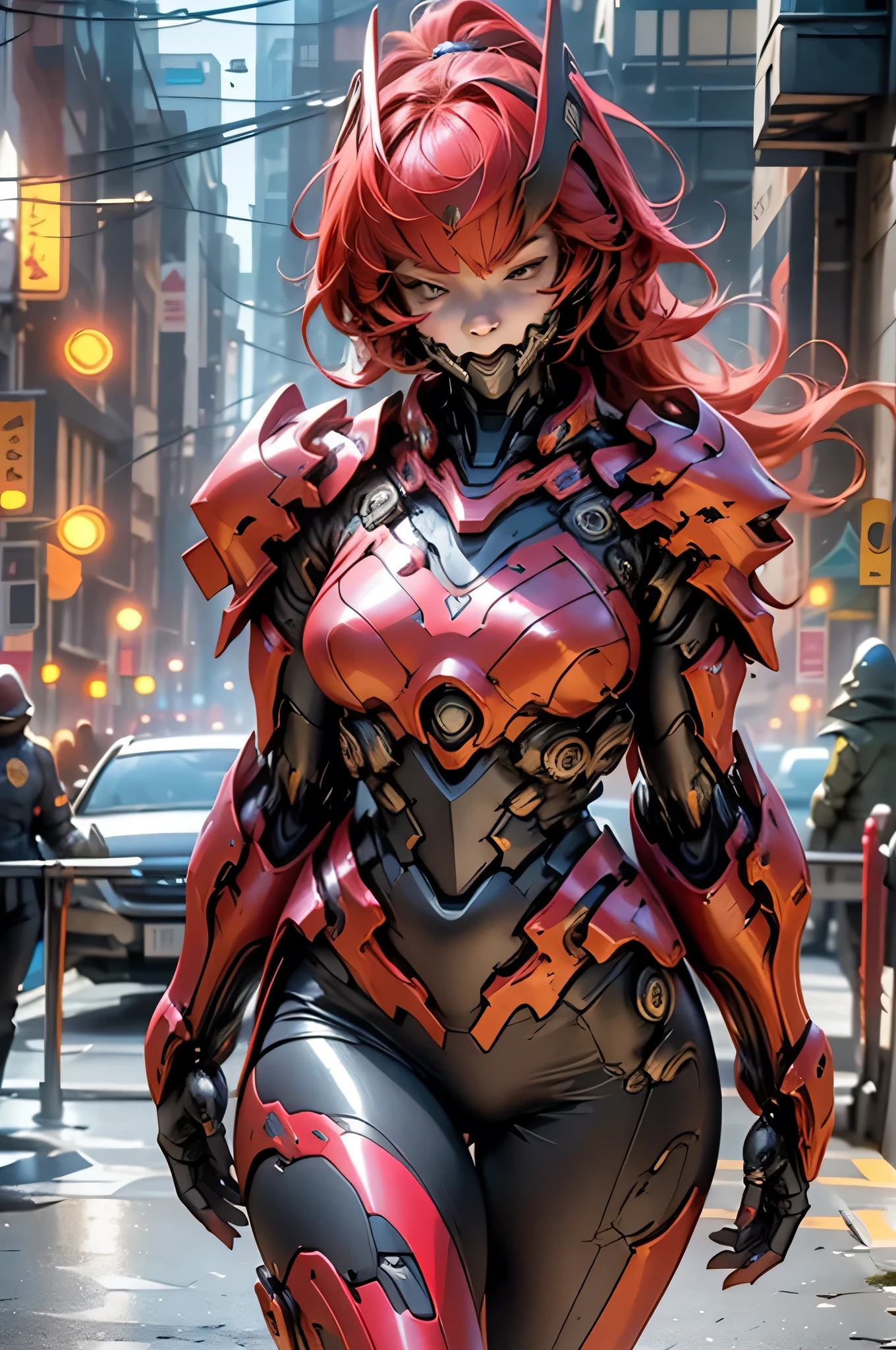 masterpiece,best quality: 1.2),(ultra-detailed face),(no headgear),Her armor glows red as the neon city lights dance across its mechanical surface. Intricate cybernetics empower her movement with inhuman speed and strength. She strides silently through theLower Sectors, the alleyways bathed in the crimson radiance of her futuristic suit. In her grip is an energized longsword, its edges humming with plasma, ready to dispense justice. She is the guardian that watches over this city, though few know her name. Criminals whisper rumors of the Crimson Knight, a cybernetically enhanced warrior sworn to protect the innocent. They speak of her inhuman reflexes and her blazing sword that cuts through any defense. How she appears from the shadows, a blur of red bringing swift judgment. Tonight her sensors have de(tected injustice brewing once more in these lawless streets. As the city sleeps, she alone stands vigilant, a silent sentinel keeping watch. Her cybernetic systems begin to target threats as she prepares to fight for those who cannot defend themselves. The Crimson Knight is ready, and justice will be dealt swiftly tonight.