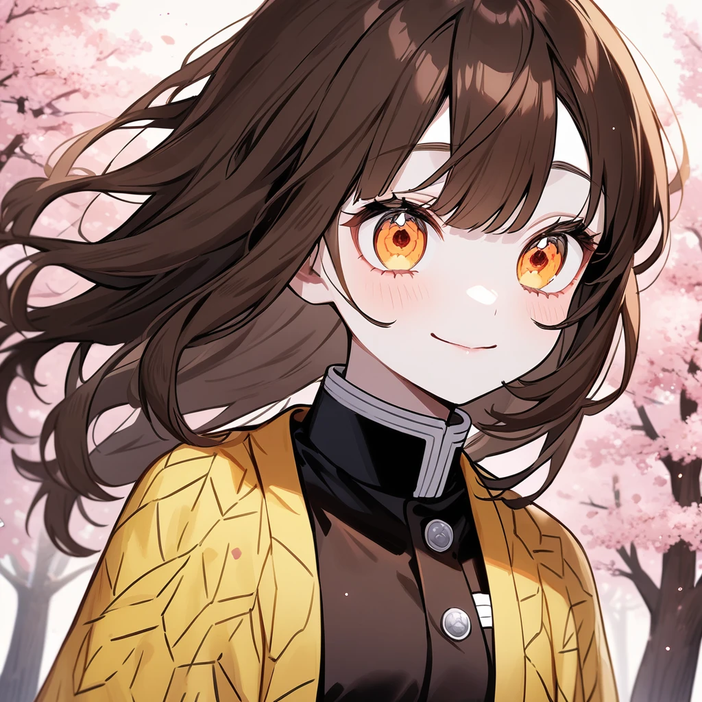 ((ultra detailed)), ((best quality)), Anime girl, 1girl, beautiful anime girl, anime girl with reddish dark brown hair and orange eyes, dark brown hair, orange eyes, bangs, pale orange eyes, pretty, petite, kawaii, black demon slayer uniform, demon slayer uniform, pale yellow haori, face close up, pale skin, gentle smile, happy, cherry blossom trees in background, beautiful delicate features, long spiky hair ,kimetsu no yaiba style,(style of demon slayer)