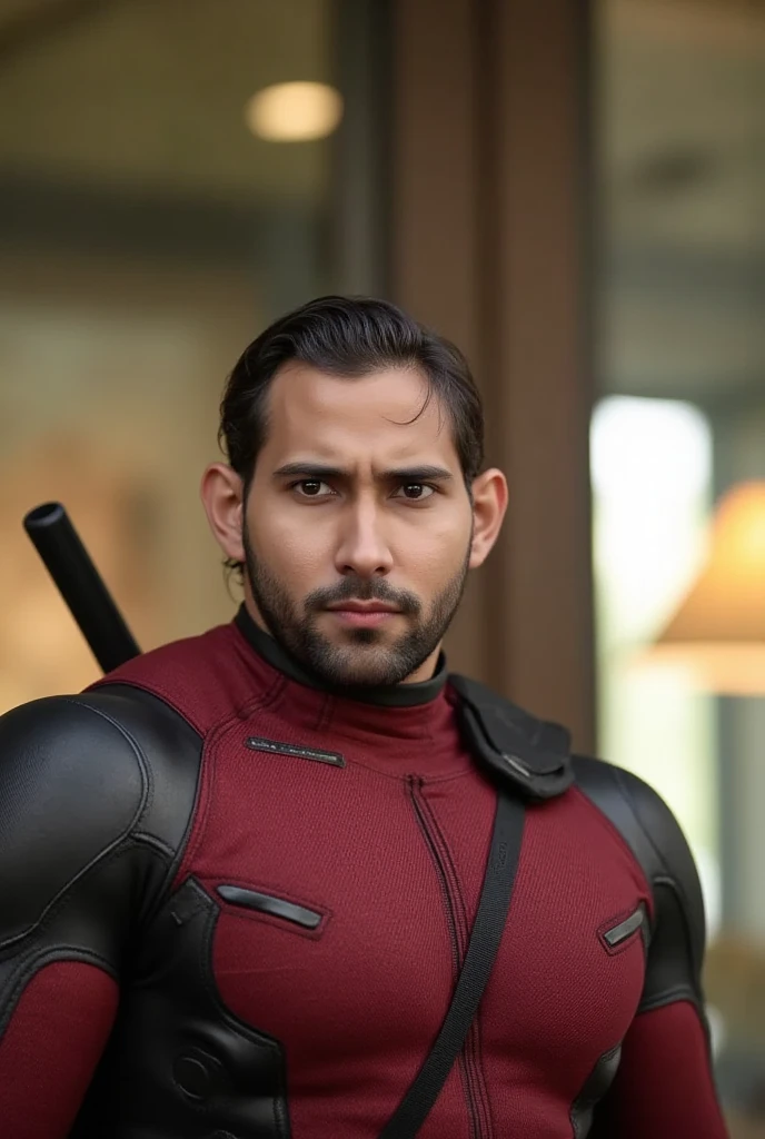 a man with striking facial features, detailed eyes, nose, and lips, photorealistic, dramatic lighting, cinematic bokeh background, moody atmosphere, high contrast, warm color tones, masterpiece, best quality, 8k. beard. grey eyes. wear deadpool costume. fit body. wear spandex red,
