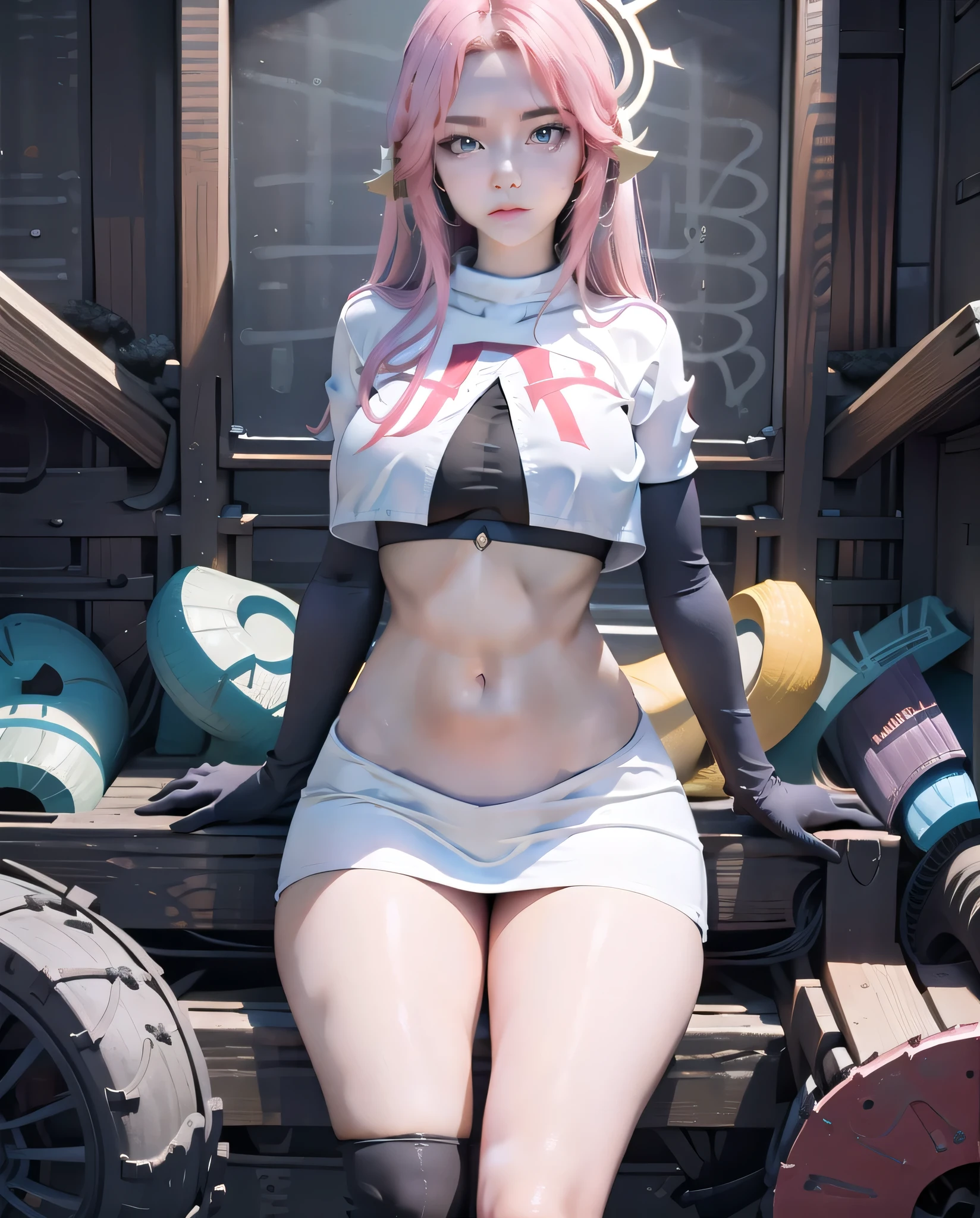 ,best quality,(masterpiece:1.3),cinematic lighting,
ngnl_jibril,long hair,pink hair,halo,team rocket,team rocket uniform,white skirt,red letter R,crop top,black thigh-highs,black elbow gloves,