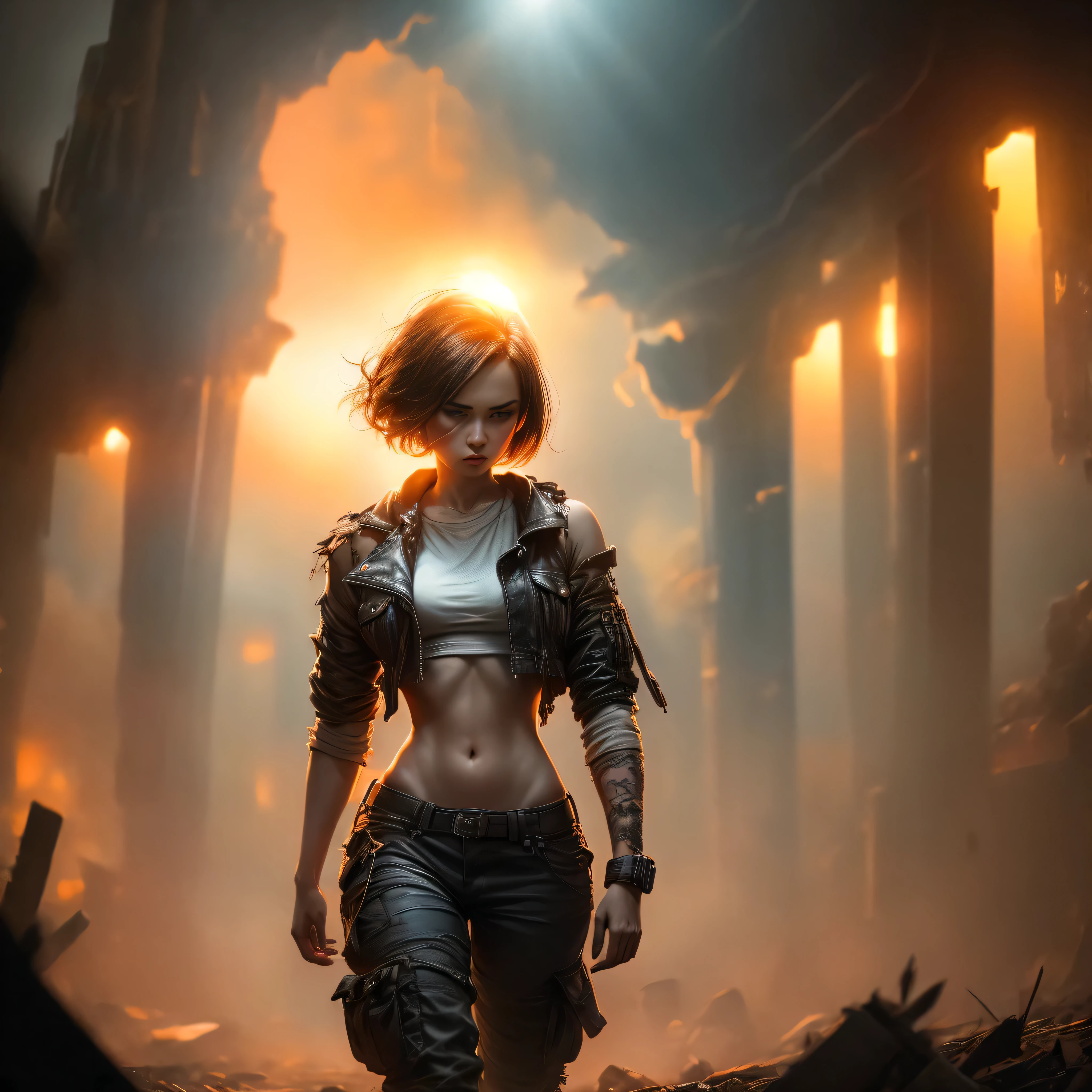 "Oil painting, focus on background
((resilient)) girl standing amidst nuclear wasteland ruins, delicate flowers emerging from the desolation, ominous clouds casting shadows,  fires, explosions, dust, lightning, deep red sunset, very large lens flare. deep orange glow in sky.
((haunting beauty)), post-apocalyptic masterpiece". fires in the background, smoke, a large mushroom cloud from a nuclear explosion. 
 3girls, short, rounded, tomboy, tattered rags of clothes, short dark hair, desperate sad expression, ((white crop top, loose, torn, underboob)), ((low waist cargo pants, black, panties strap showing)), open jacket hanging off shoulders down her back, realistic face, fierce, medium breasts. white and black clothing, 
low key lighting, moody, gritty, edgy.
dramatic pose, dramatic composition, low camera angle. from ground looking up,  lens flare, lens artifacts. bloom.