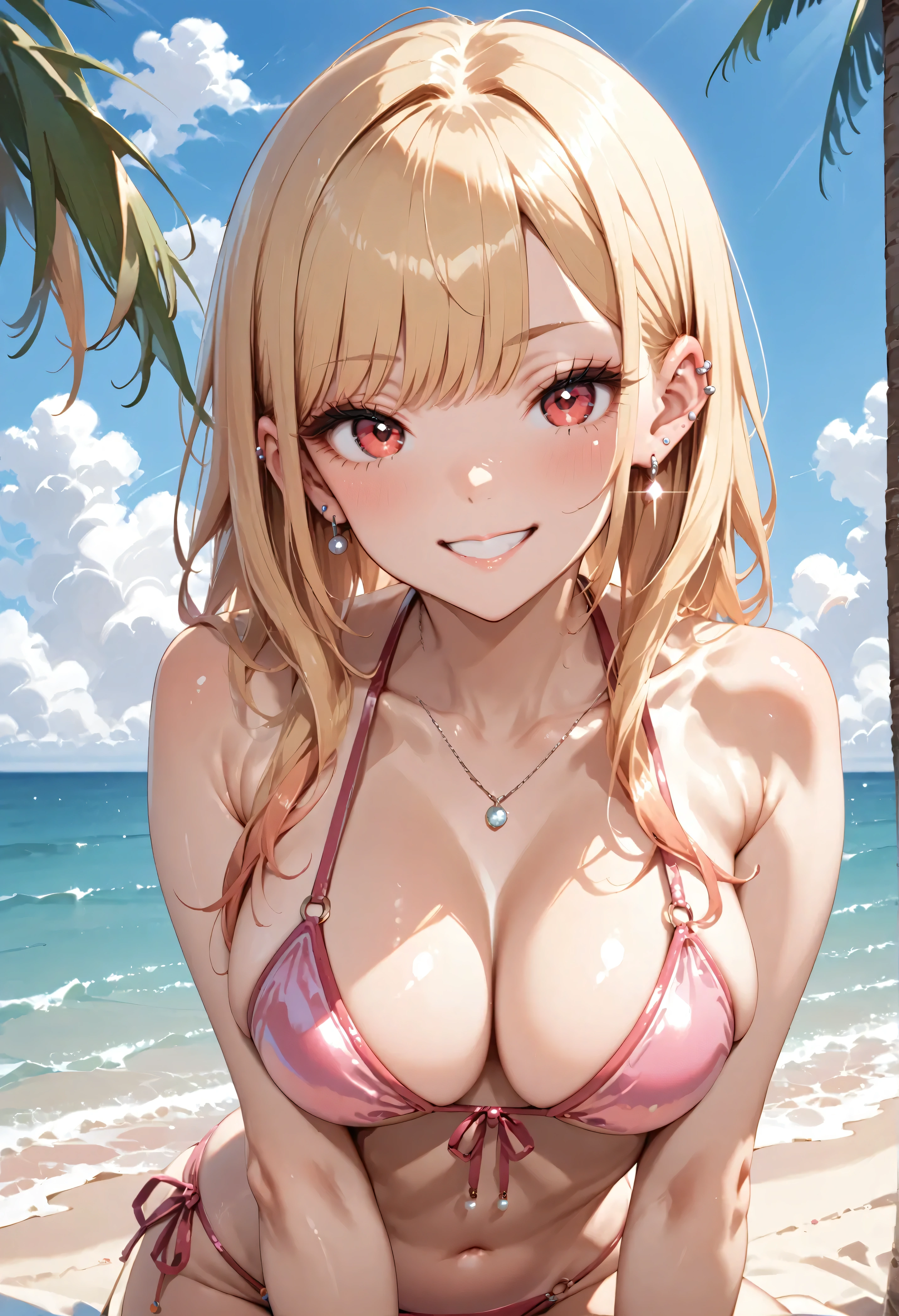 score_9, score_8_up, score_7_up,source_anime, 1girl, marin kitagawa,blonde hair, medium to big breasts, red eyes, ear piercing, barbell piercing, earrings, bikini, beach, grin, fancy bikini, shiny bikini, pink bikini, looking at viewer, slim body,