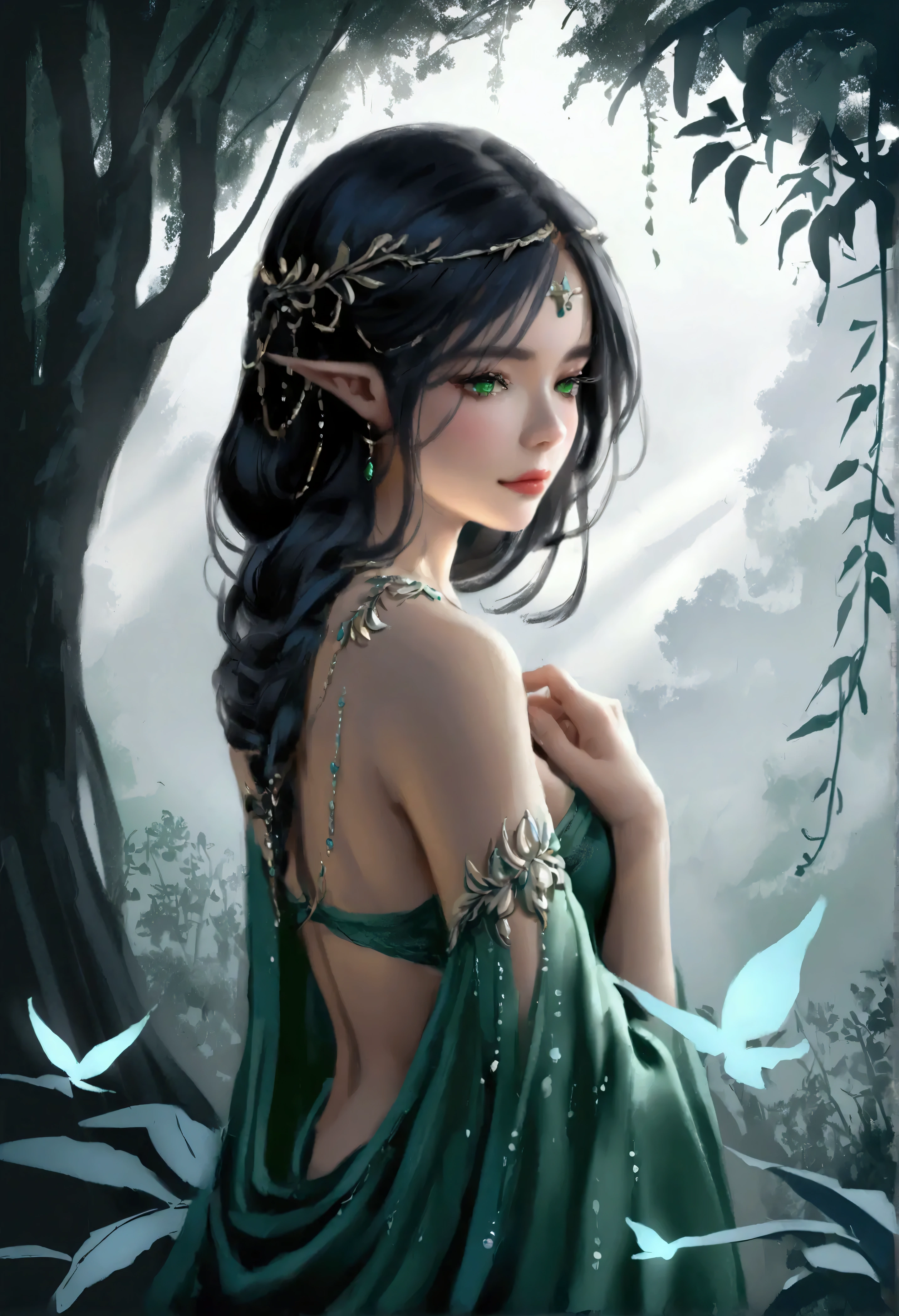 (best quality, 4k, 8k, high resolution, masterpiece: 1.2), ultra-detailed, (realistic, photorealistic, photorealistic: 1.37), elf girl with long dark hair, wearing a green dress and mesmerizing blue eyes, Curly locks of hair gently caressing her face, porcelain-clear skin glowing with a soft, ethereal glow, delicate facial features exuding grace and beauty, natural-looking makeup highlighting her enchanting eyes, thin eyebrows elegantly arched upwards, long fluttery lashes framing her captivating look, cheeks adorned with a subtle rosy blush, full, rosy lips that seem to invite a smile, Dark-haired woman, and, her eyes reflecting a sense of curiosity and wisdom, a crown of intricate green leaves resting in her hair Flowing, green dress adorned with delicate embroidery and sparkling gemstones, flowing sleeves that cascade down her arms, soft and airy fabric gracefully wrapping her slender figure. Dark haired woman in a forest full of magical creatures serving as a backdrop, the sunlight filtering through the vibrant leaves casting a warm and enchanting glow, the whispering wind gently rustling the leaves enhancing the ethereal atmosphere, subtle rays of sunlight illuminating her radiant presence, vibrant shades of green and blue harmonizing with her surroundings, evoking a sense of tranquility and magic as if she belonged to a mystical realm, suggesting a story waiting to unfold. Woman with black hair.