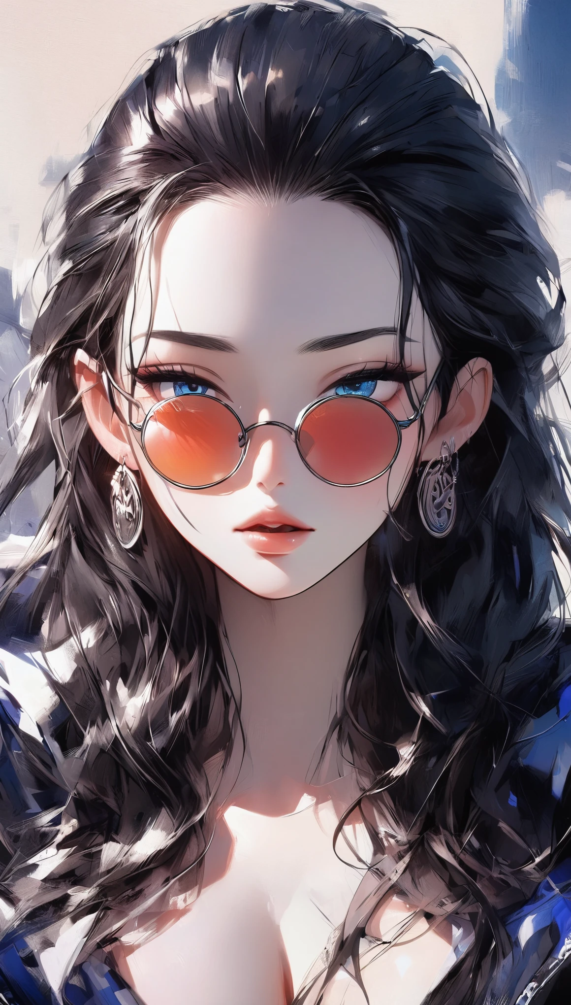 score_9, score_8_up, score_7_up, score_6_up, masterpiece, best quality, intricate details, 1 girl, woman, black hair, nico robin \ (one piece\), blue eyes, straight hair, hair slicked back, ((open eyes)), (close-up shot), portrait, focus on face, bust, (chest and face), sun glasses, earrings, defined eyebrows, beautiful lips, (makeup), blush, blushing, perfect face, female focus, looking at viewer, ((front view)) ((close up shot)) ((solo)) detailed, very high resolution, cleavage, ((nico robin from one piece)) ((female nico robin from one piece)), tan skin, curvy, masterpiece, best quality, highres, best illumination, depth of field, perspective with background, vivid colours, colours