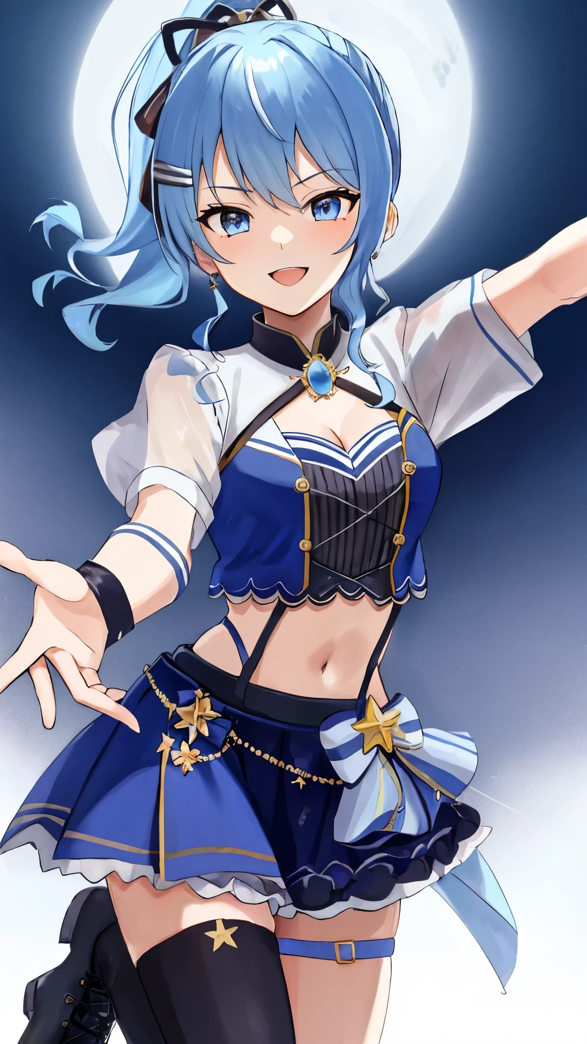 best quality, absurdres, 1teen_girl, solo, Hoshimachi Suisei, light blue hair, blue eyes, happy, smile, parted lips, cowboy shot, sidelocks, ponytail, toned, 
idol, idol clothes, ho****ve idol uniform, bowtie, blue skirt, brooch, dress, concert, on stage, frilled skirt, jewelry, layered dress, short sleeves, tiara, midriff, thighhighs(,shout:1.3),.(open_mouth:1.3),singing,(angry:0.6), glare, idle_live,audience_landscape,boots,happy,joyfull